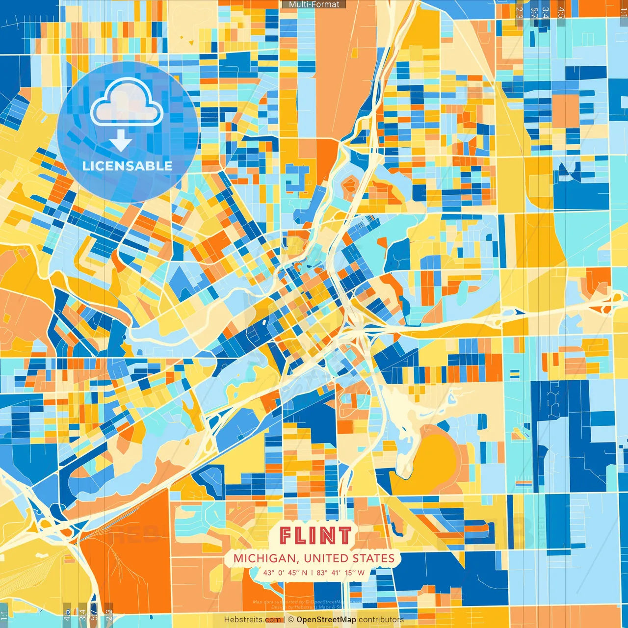 Flint, Michigan, United States blue and orange vector art map template