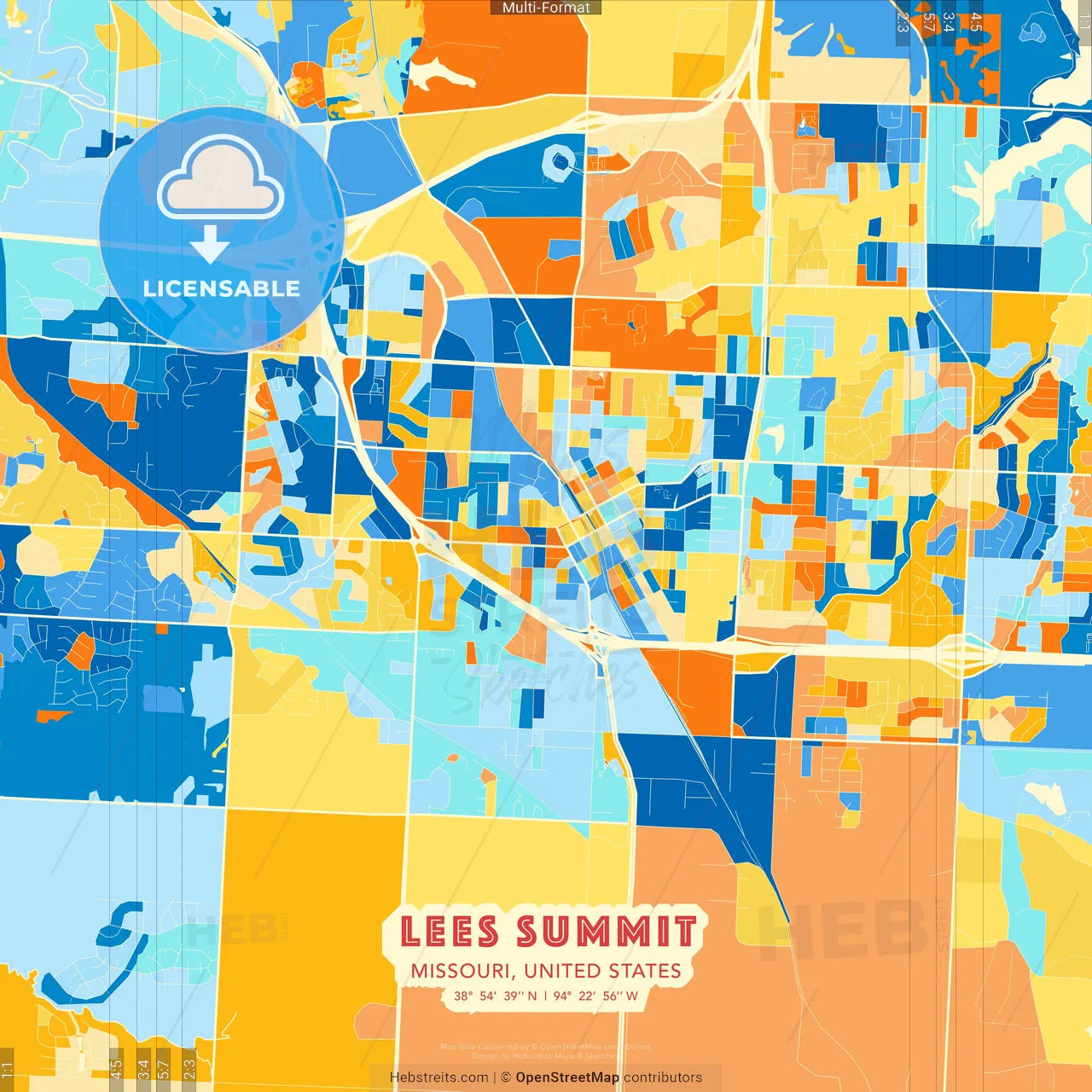 Lees Summit, Missouri, United States blue and orange vector art map template