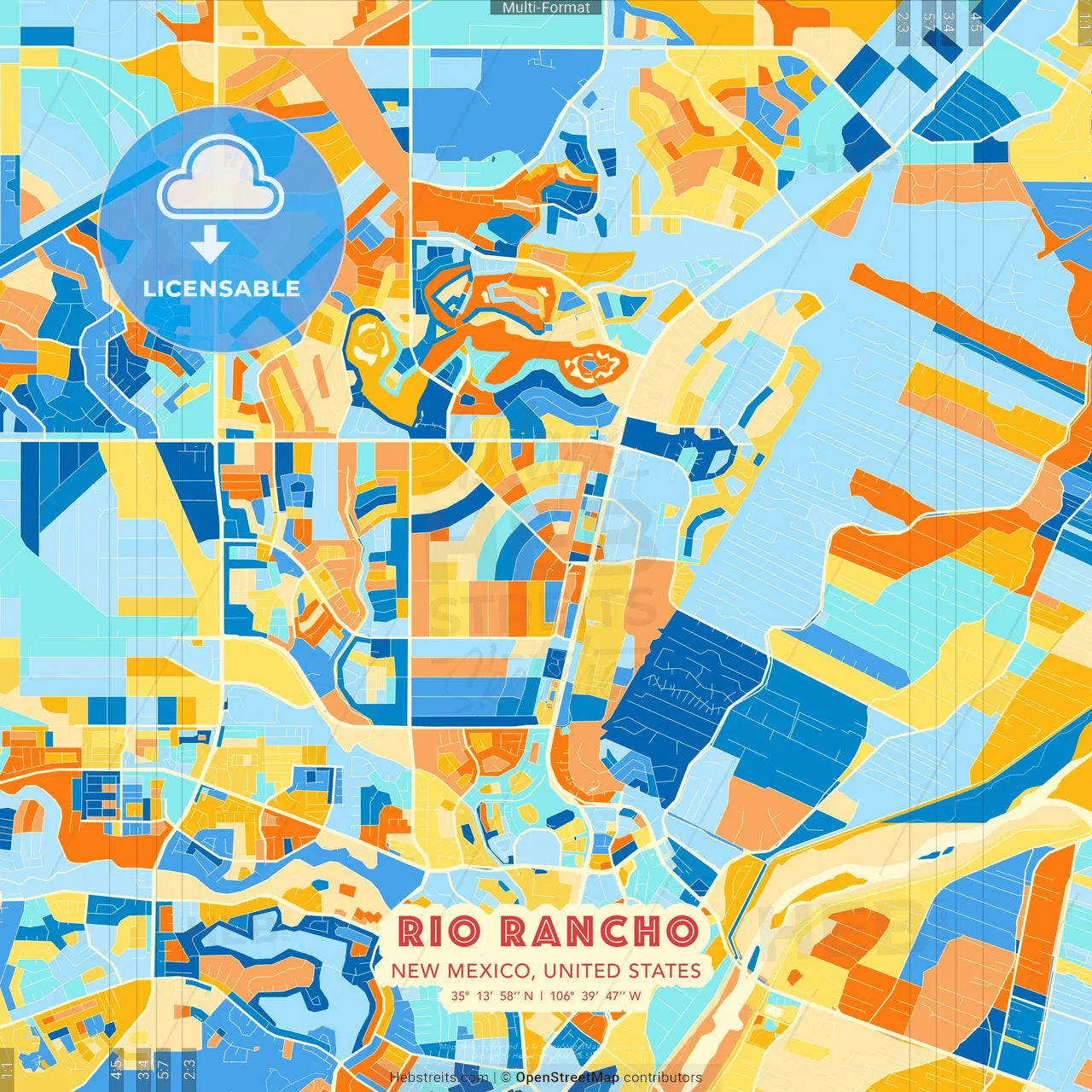 Rio Rancho, New Mexico, United States blue and orange vector art map template