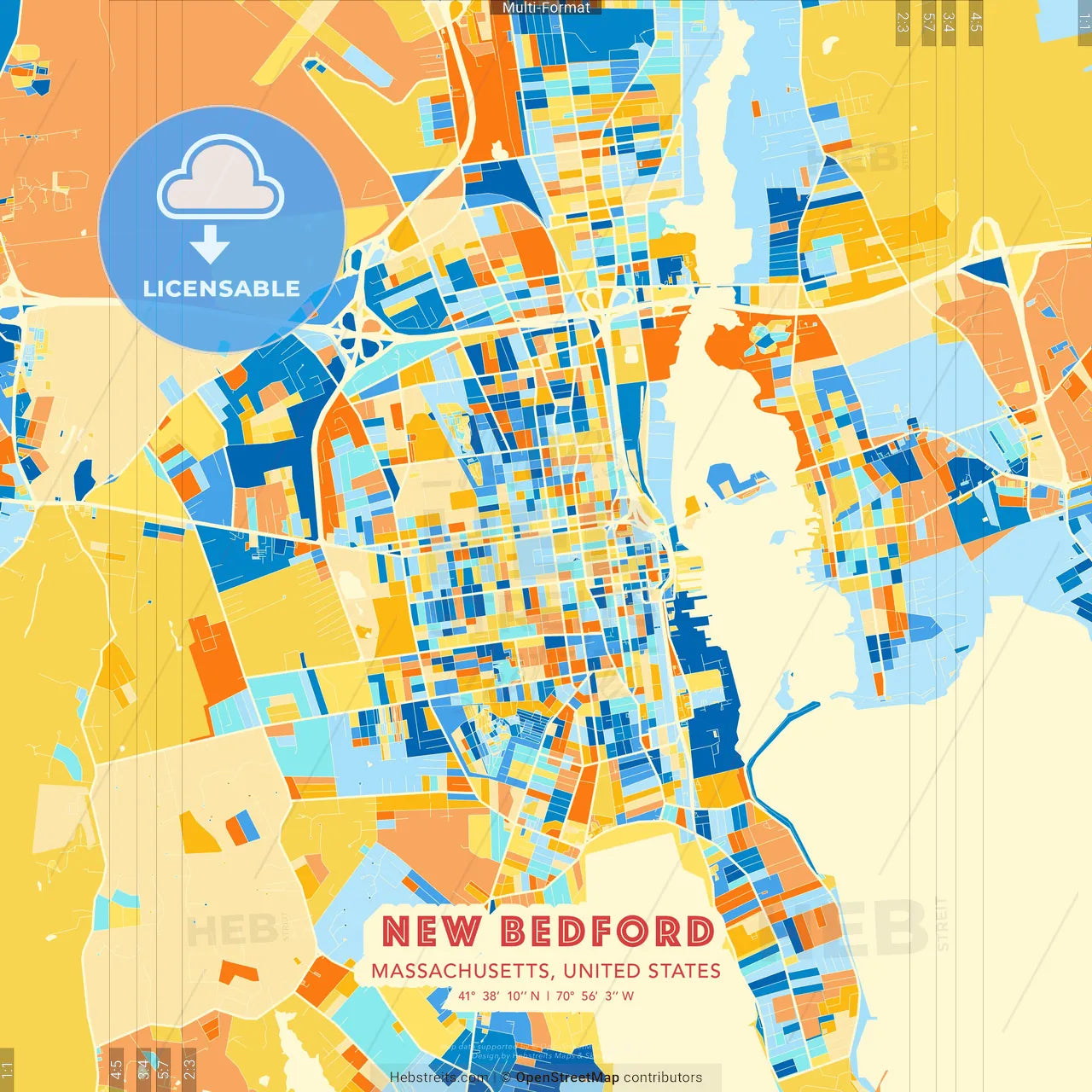New Bedford, Massachusetts, United States blue and orange vector art map template