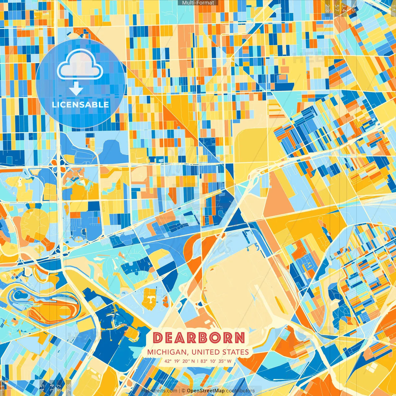 Dearborn, Michigan, United States blue and orange vector art map template