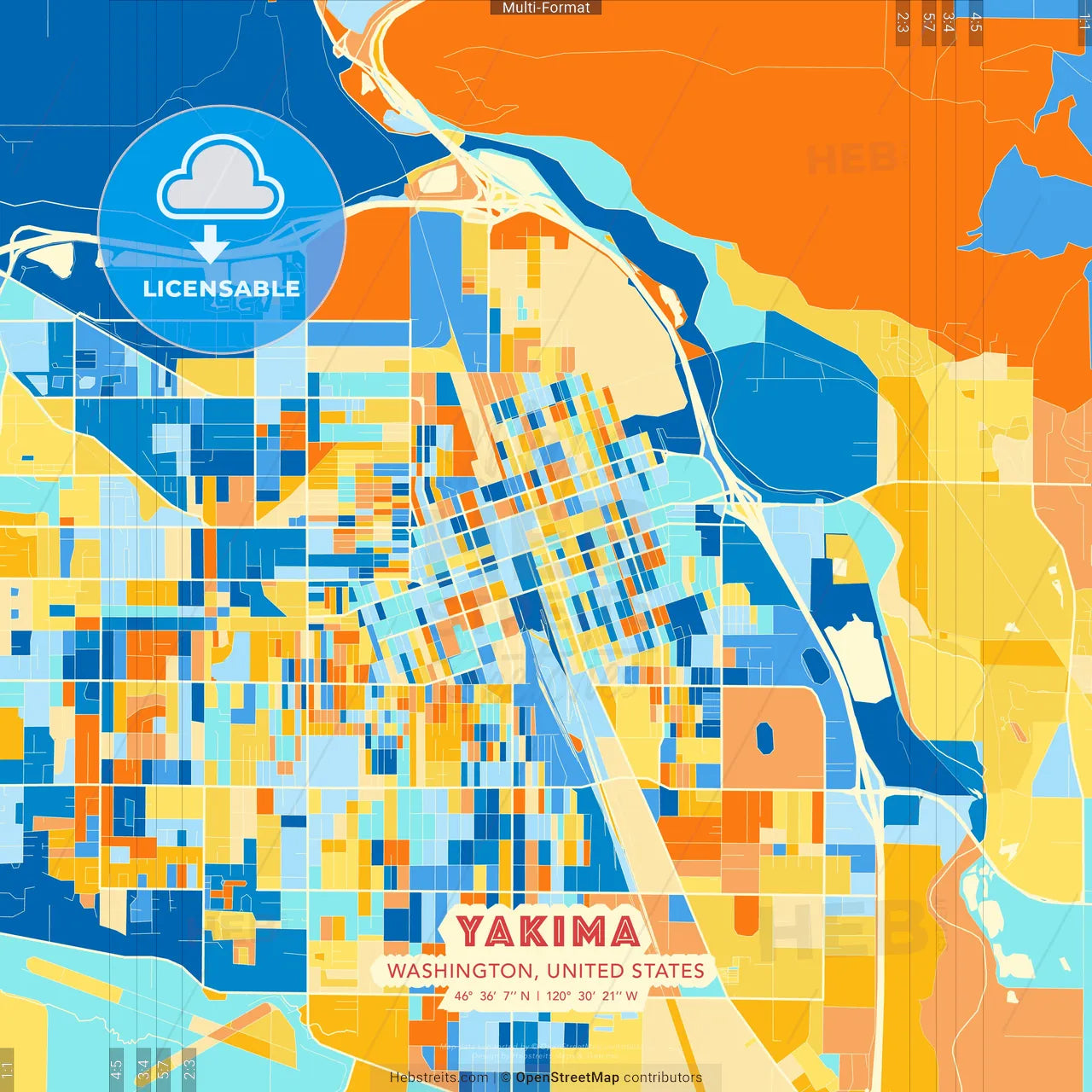 Yakima, Washington, United States blue and orange vector art map template