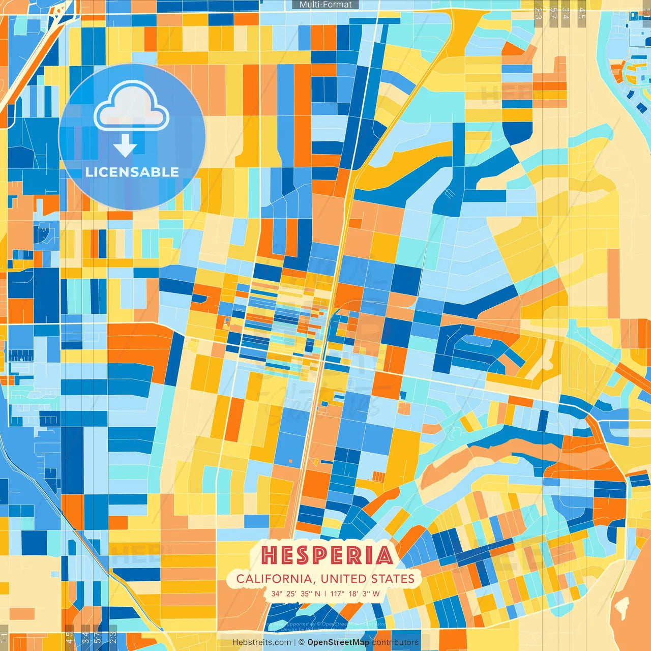 Hesperia, California, United States blue and orange vector art map template