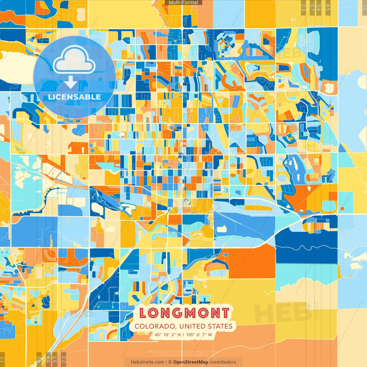 Longmont, Colorado, United States blue and orange vector art map template
