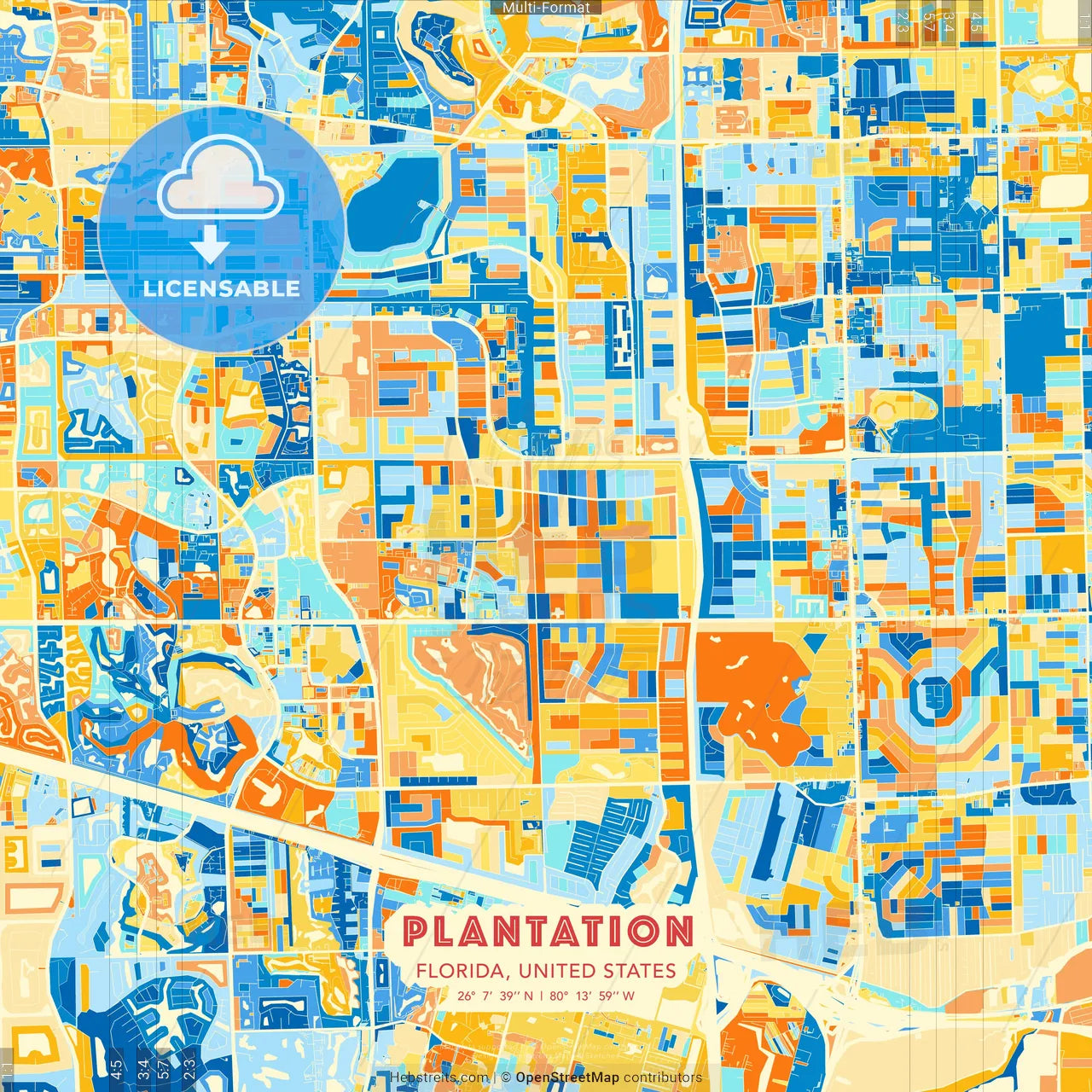 Plantation, Florida, United States blue and orange vector art map template