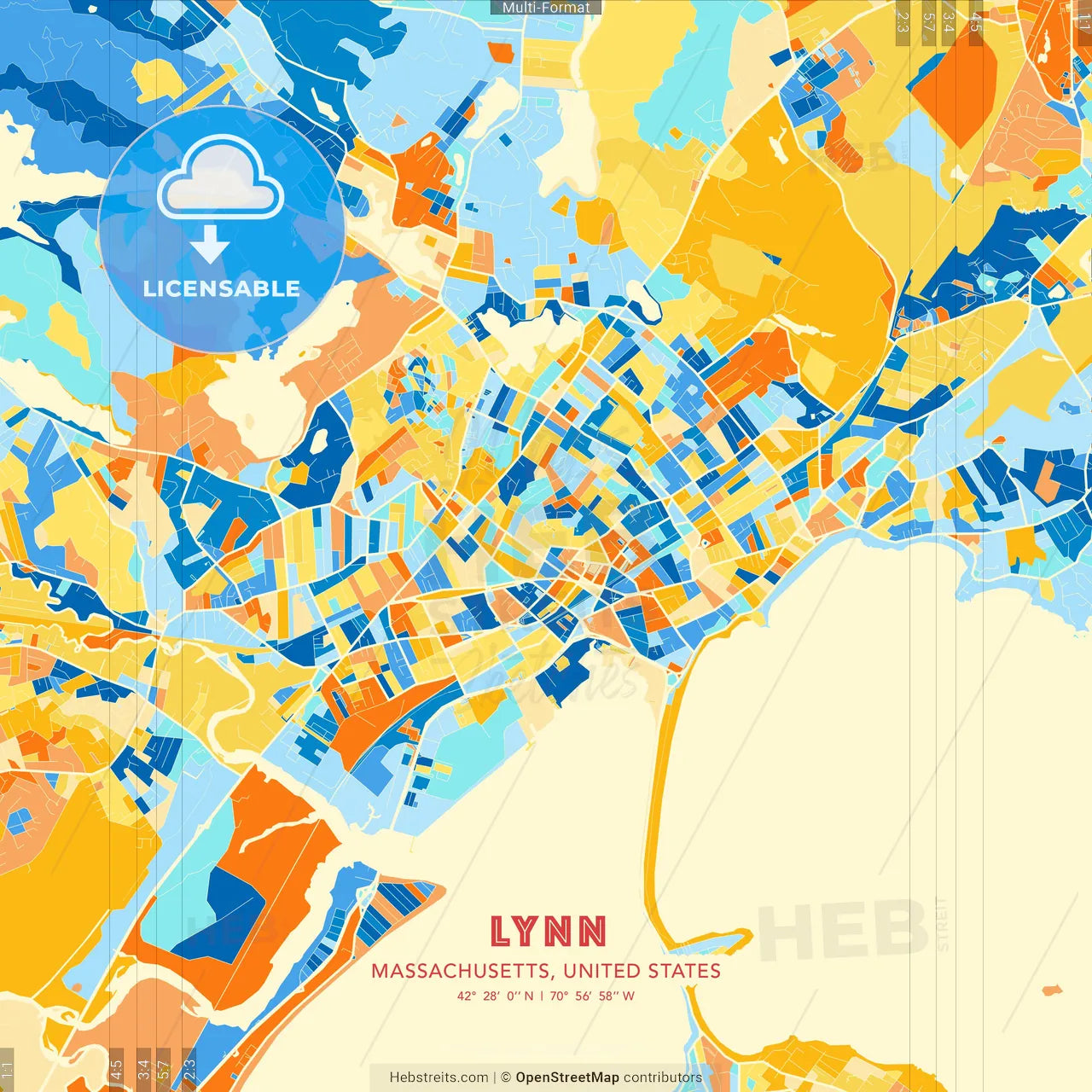 Lynn, Massachusetts, United States blue and orange vector art map template