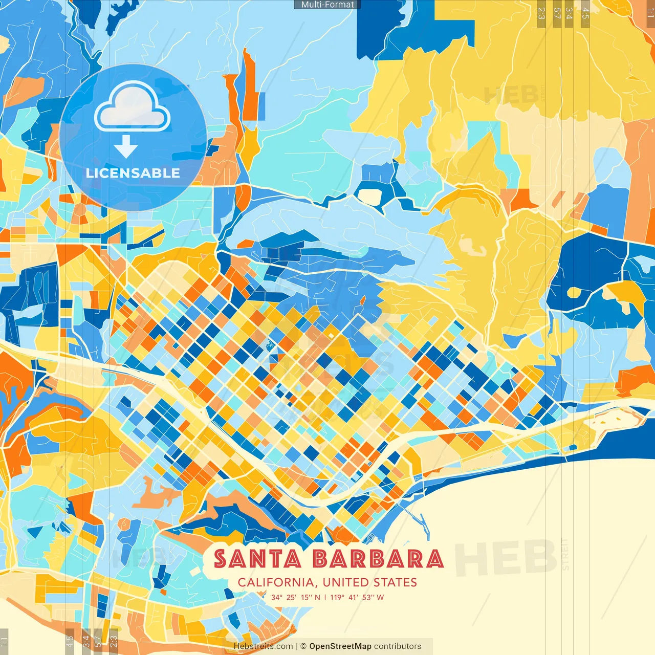 Santa Barbara, California, United States blue and orange vector art map template