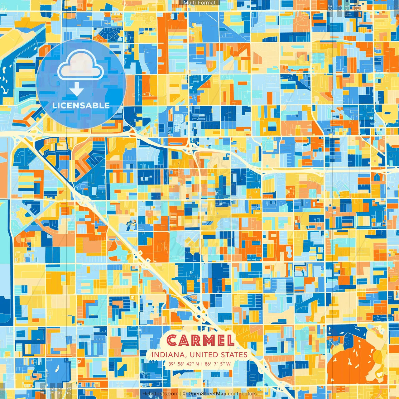 Carmel, Indiana, United States blue and orange vector art map template