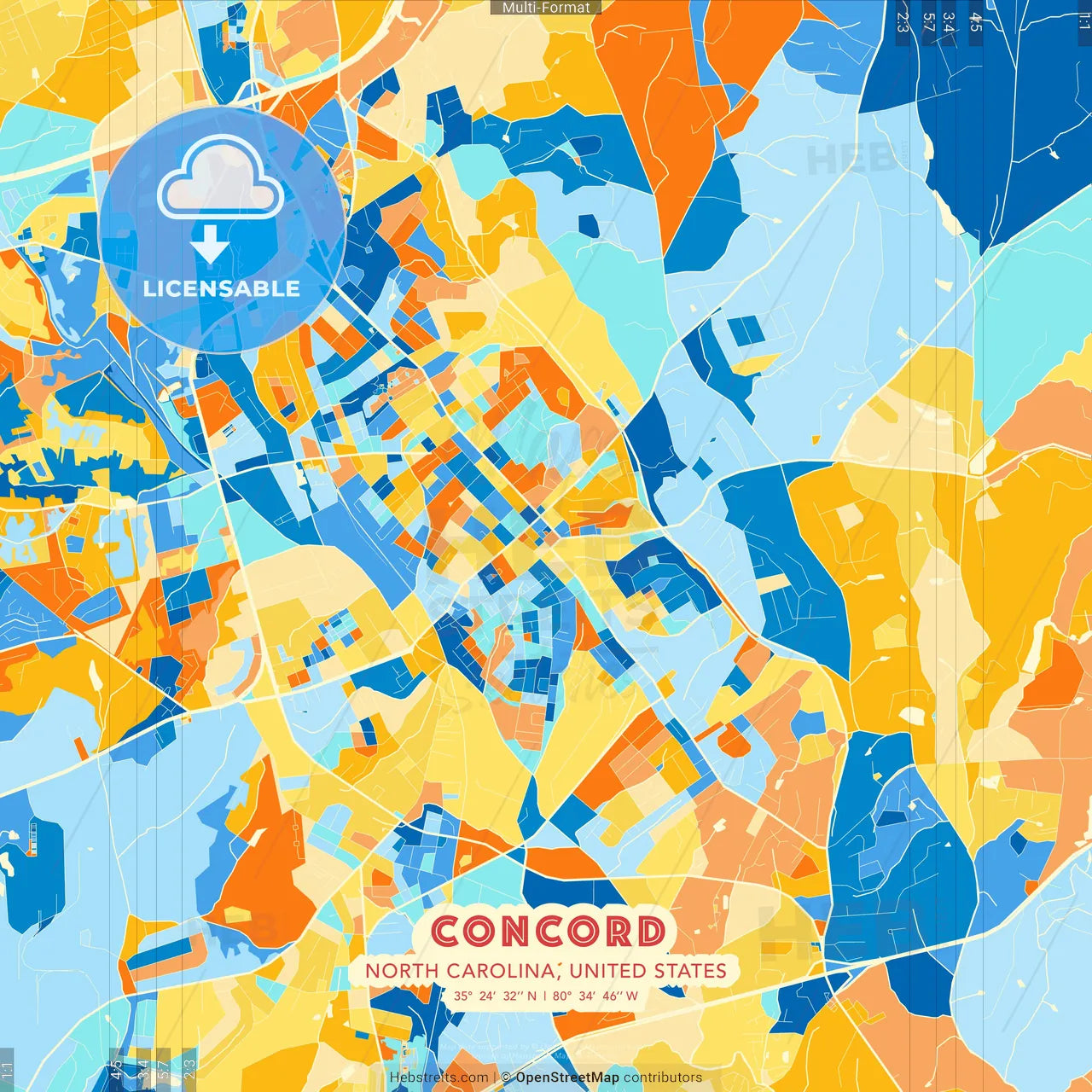 Concord, North Carolina, United States blue and orange vector art map template