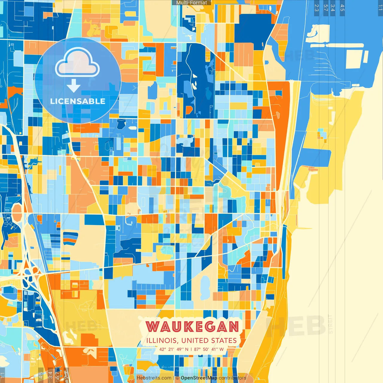 Waukegan, Illinois, United States blue and orange vector art map template