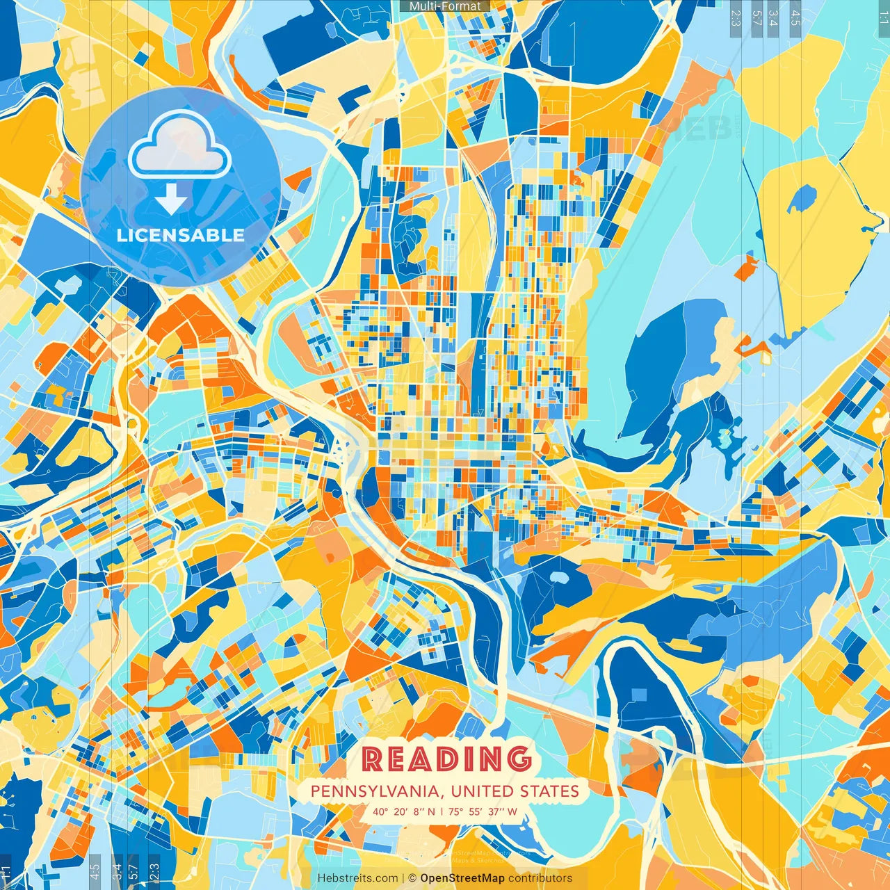 Reading, Pennsylvania, United States blue and orange vector art map template