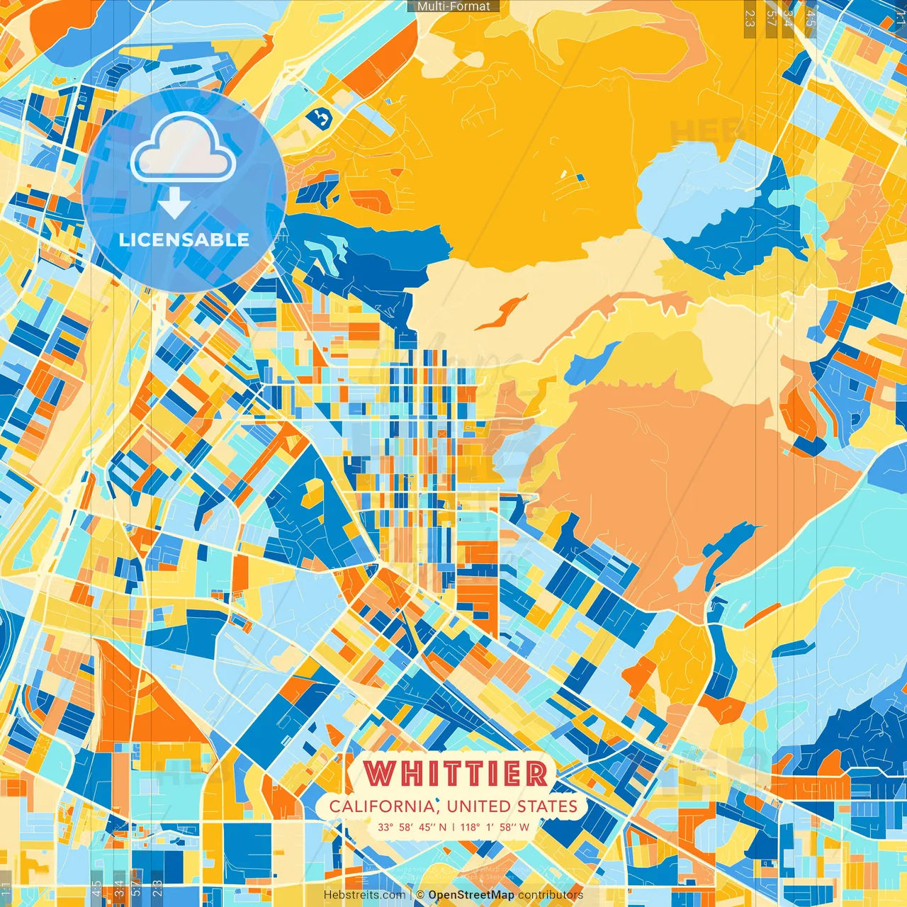 Whittier, California, United States blue and orange vector art map template