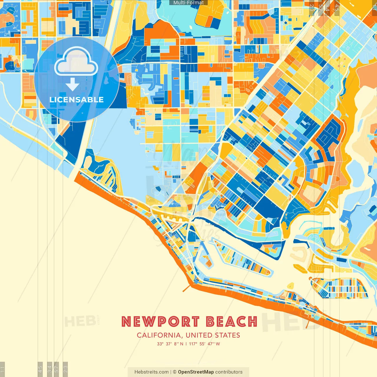 Newport Beach, California, United States blue and orange vector art map template