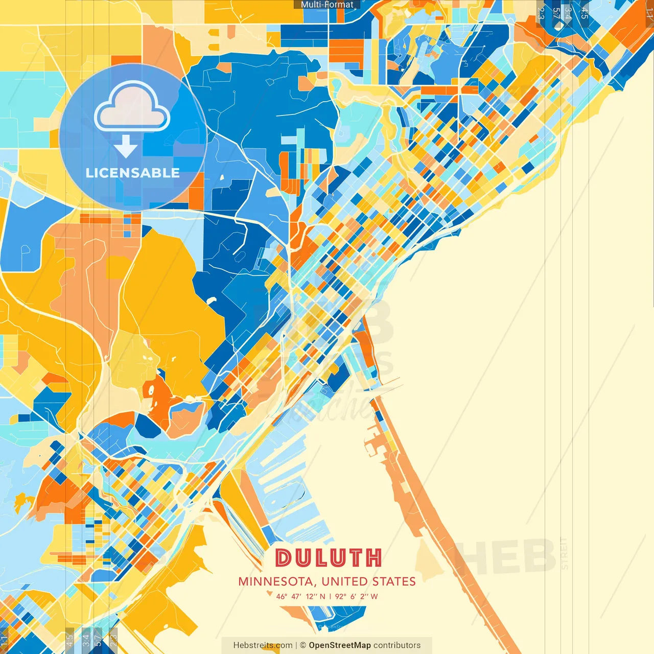 Duluth, Minnesota, United States blue and orange vector art map template
