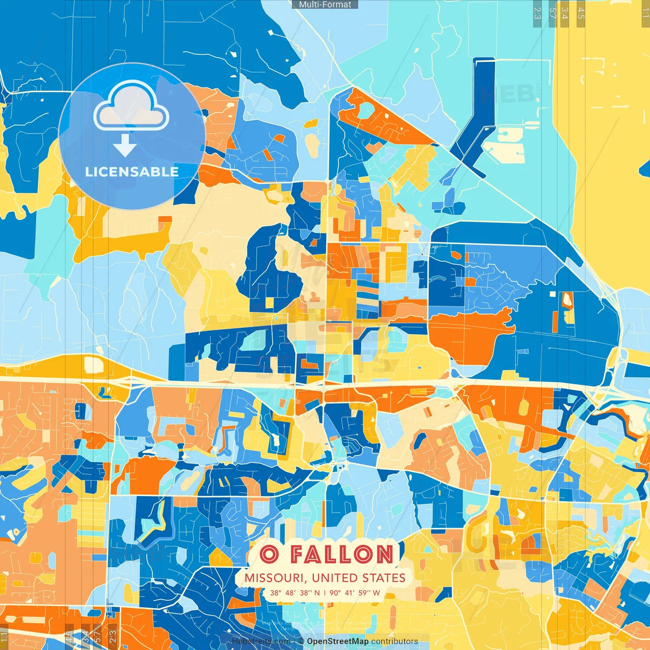 O Fallon, Missouri, United States blue and orange vector art map template
