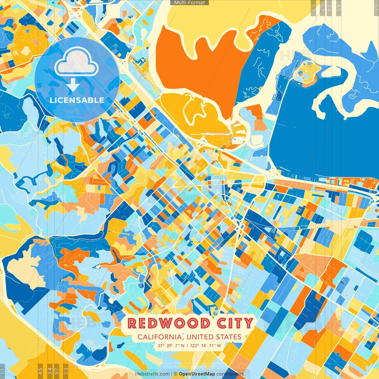 Redwood City, California, United States blue and orange vector art map template