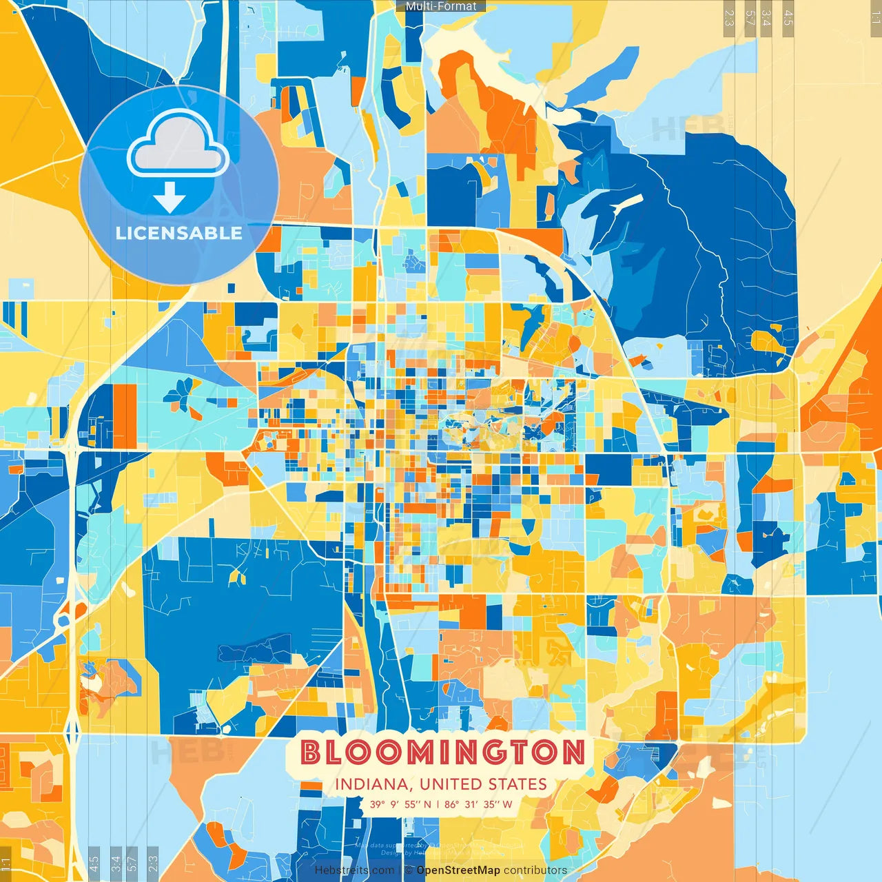Bloomington, Indiana, United States blue and orange vector art map template