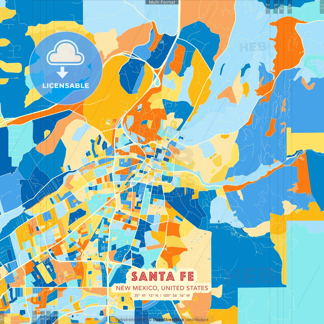 Santa Fe, New Mexico, United States blue and orange vector art map template