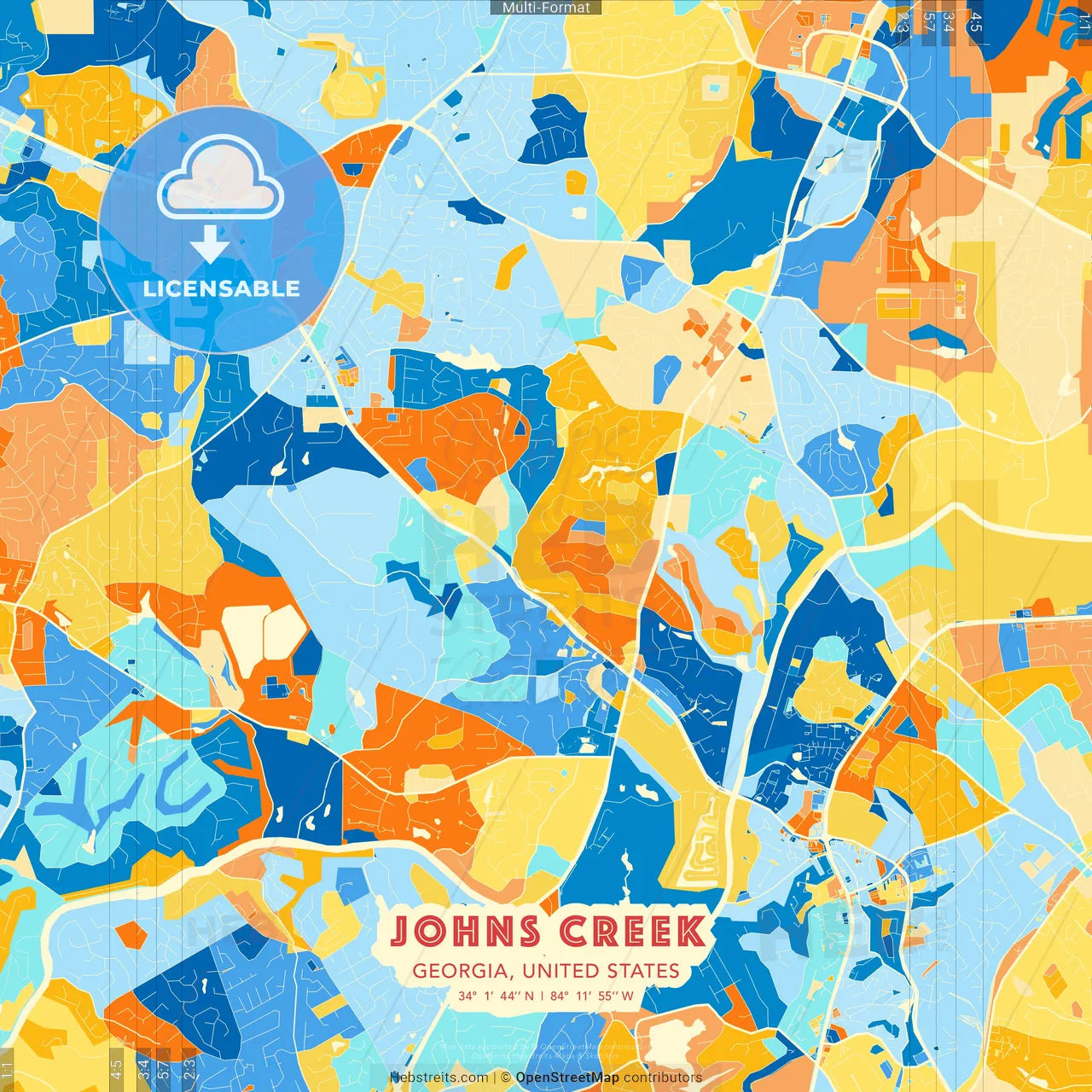 Johns Creek, Georgia, United States blue and orange vector art map template