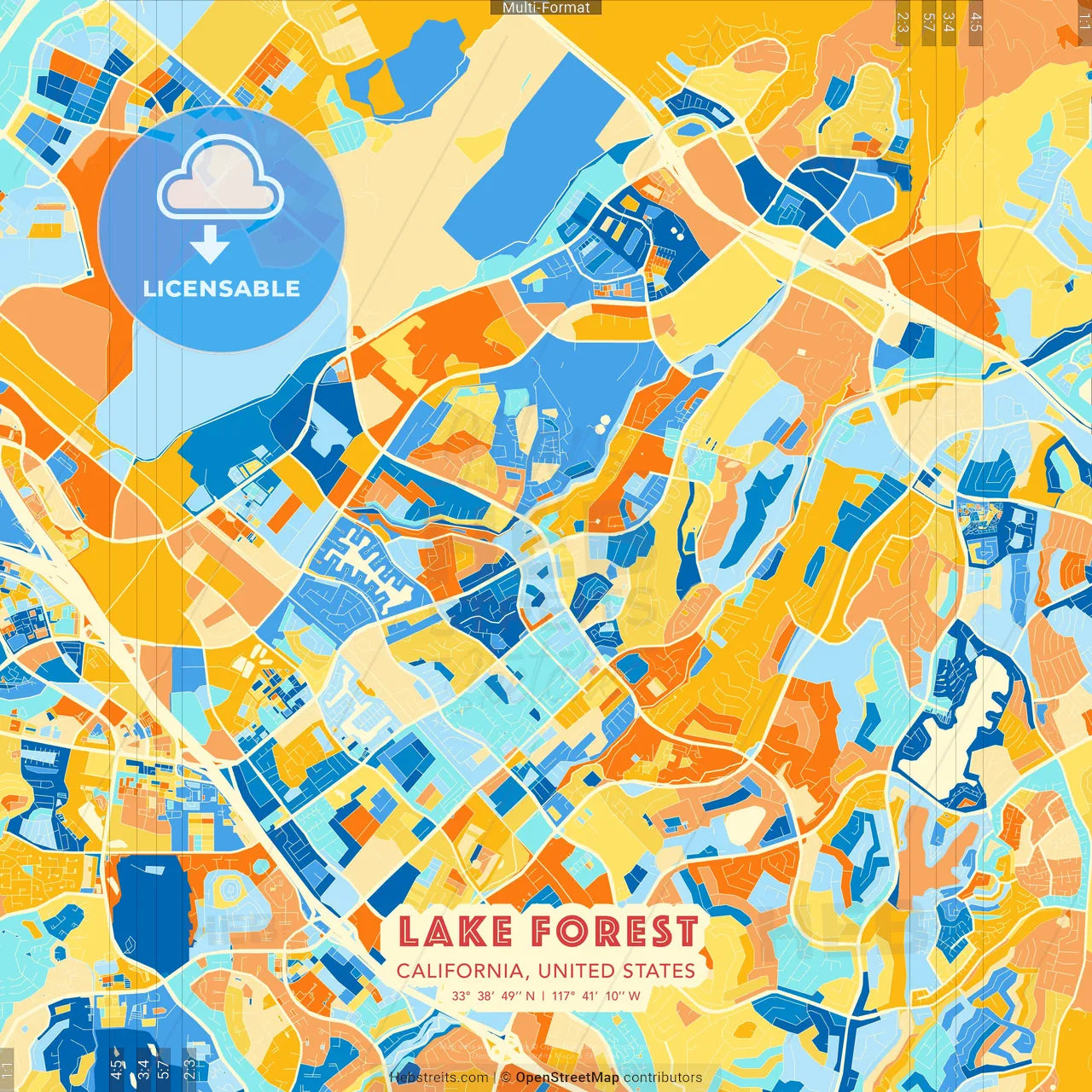 Lake Forest, California, United States blue and orange vector art map template