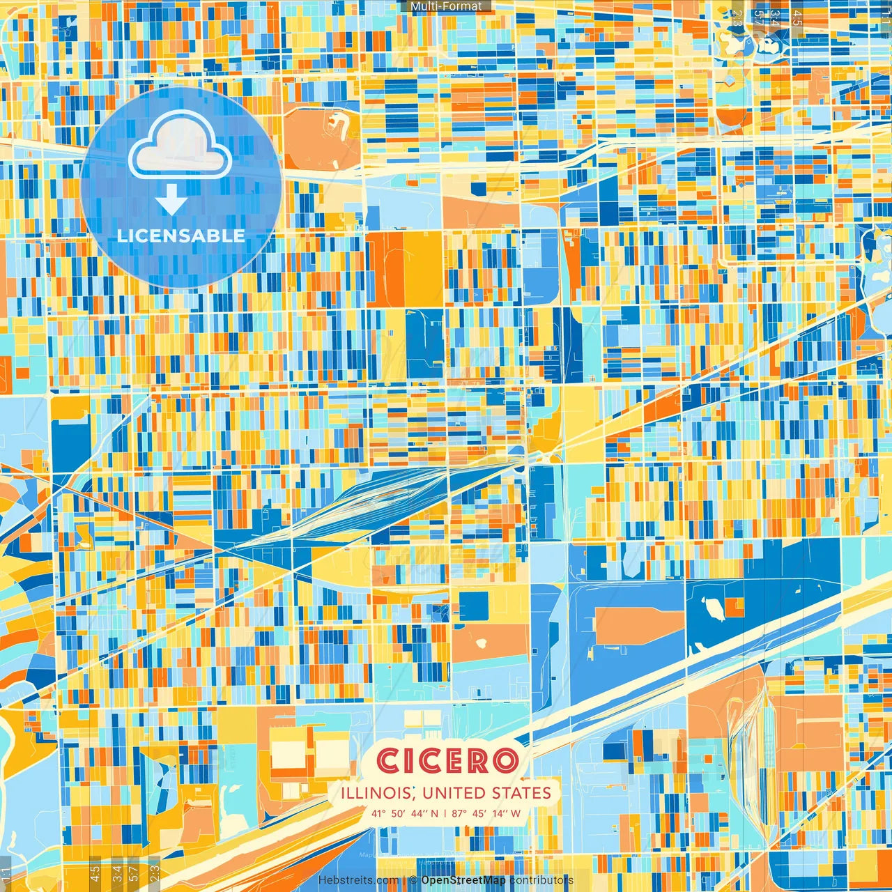 Cicero, Illinois, United States blue and orange vector art map template