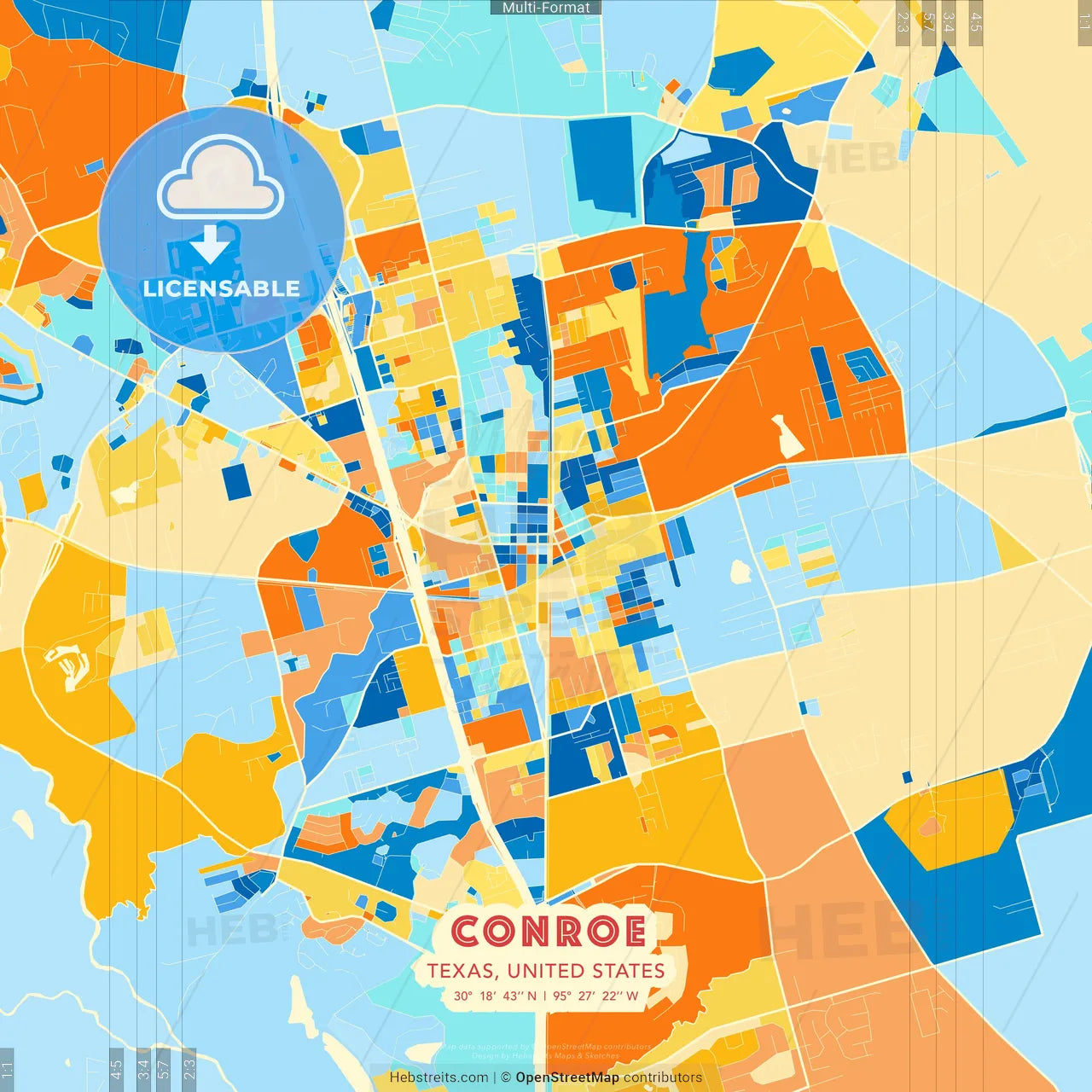 Conroe, Texas, United States blue and orange vector art map template