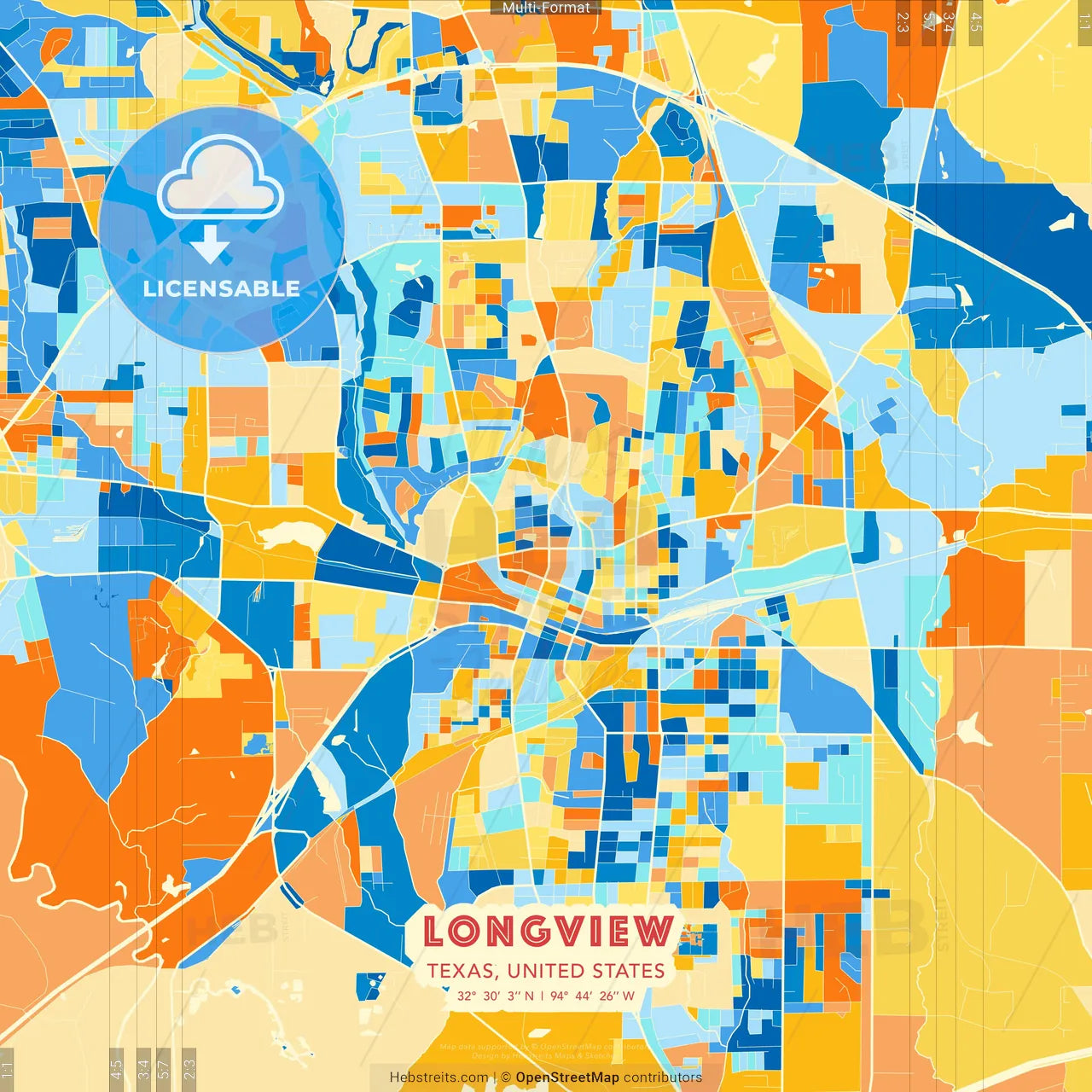Longview, Texas, United States blue and orange vector art map template