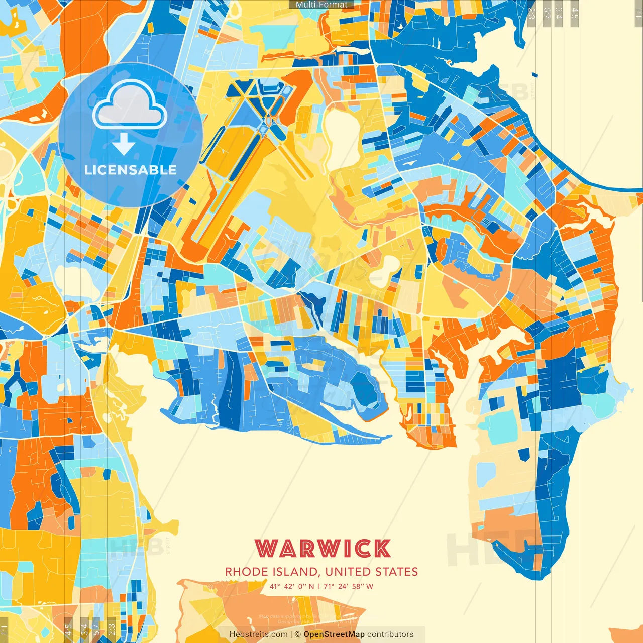 Warwick, Rhode Island, United States blue and orange vector art map template