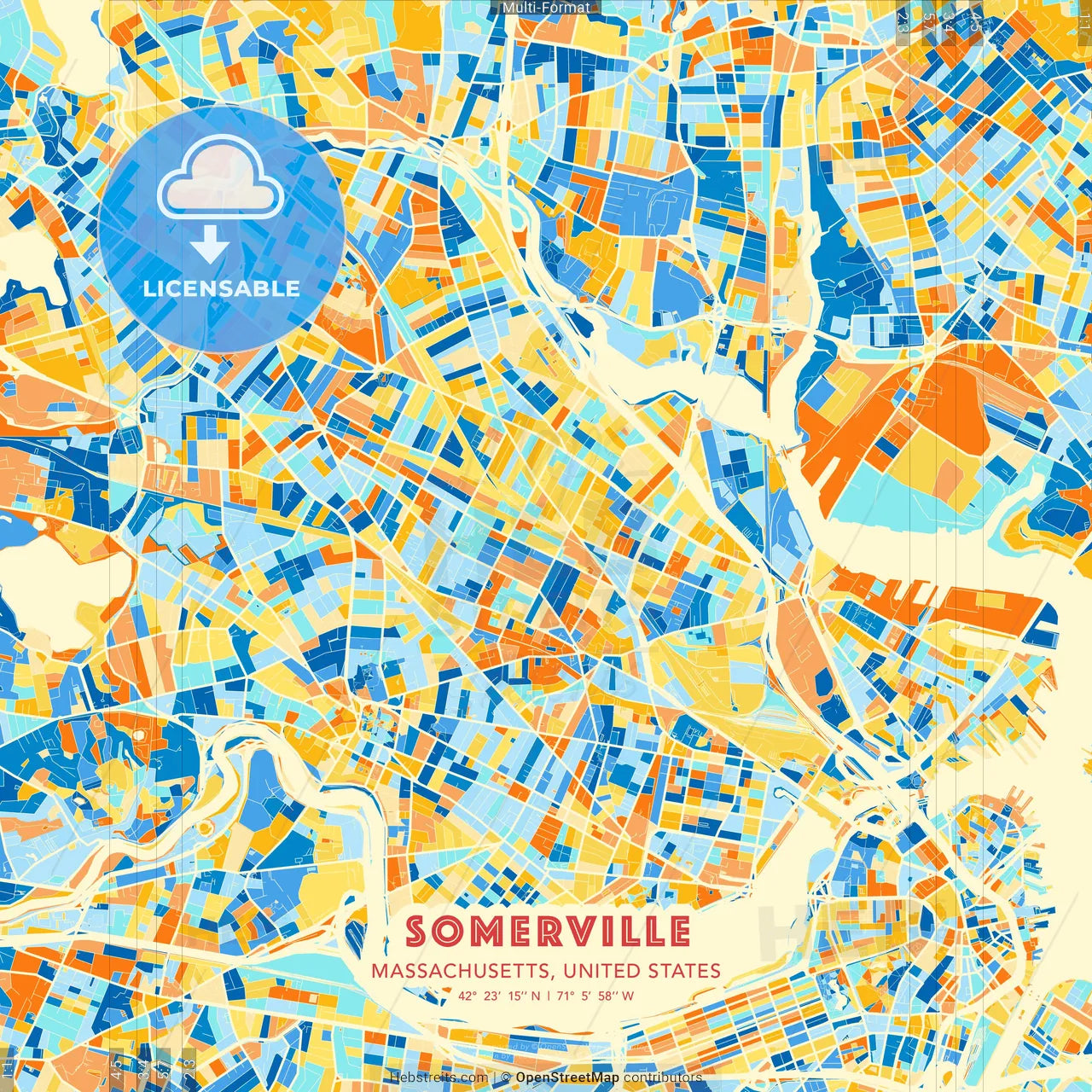 Somerville, Massachusetts, United States blue and orange vector art map template