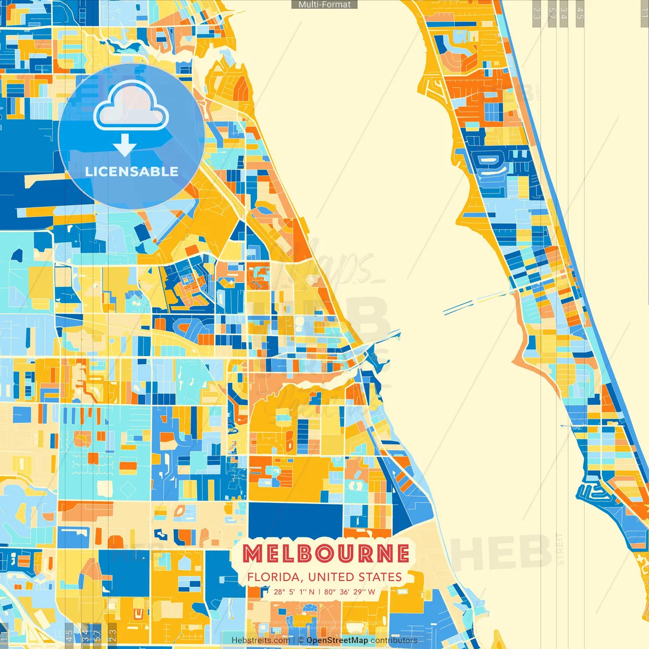 Melbourne, Florida, United States blue and orange vector art map template