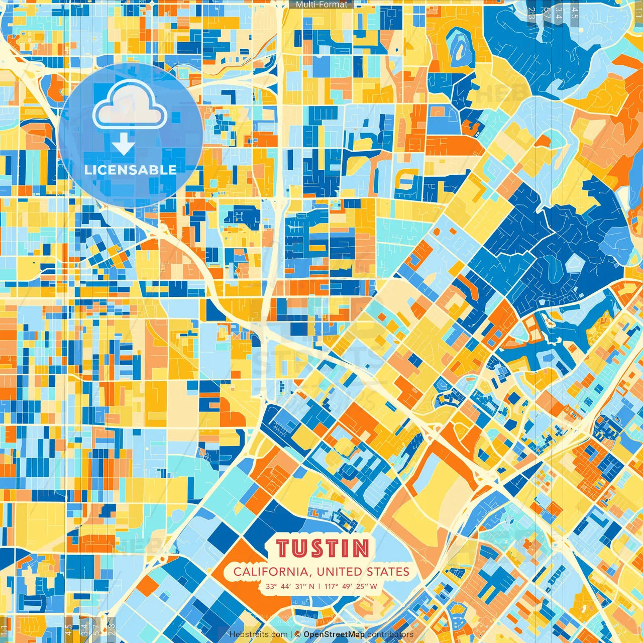 Tustin, California, United States blue and orange vector art map template
