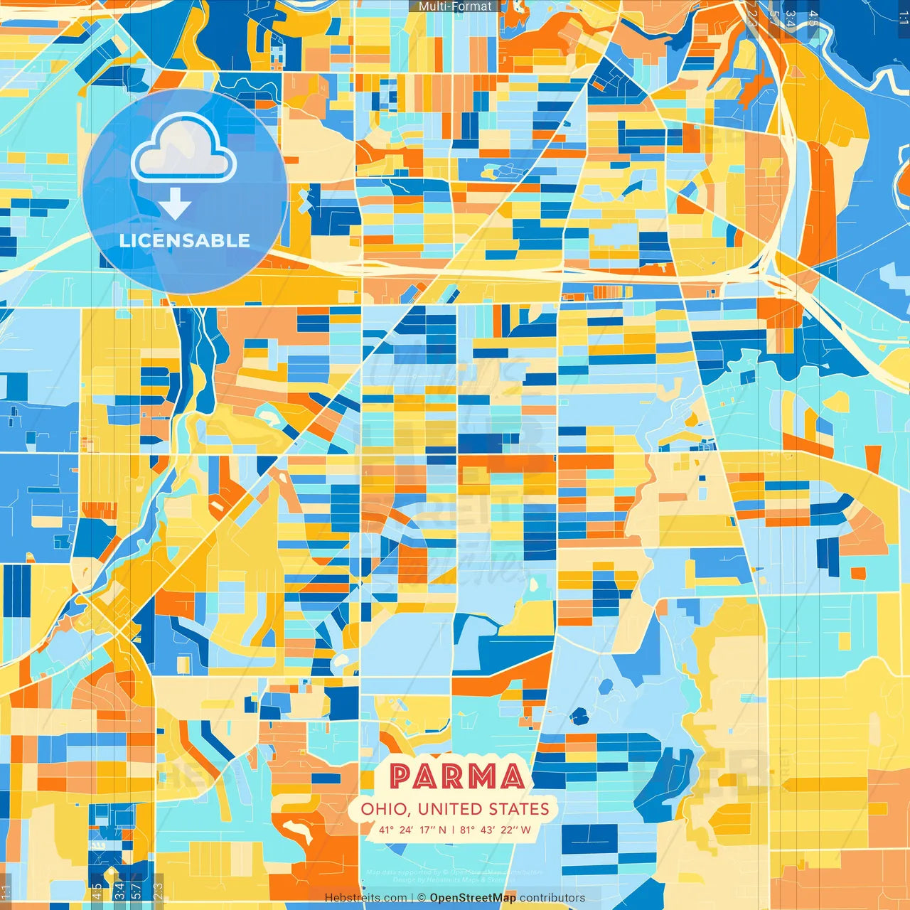Parma, Ohio, United States blue and orange vector art map template