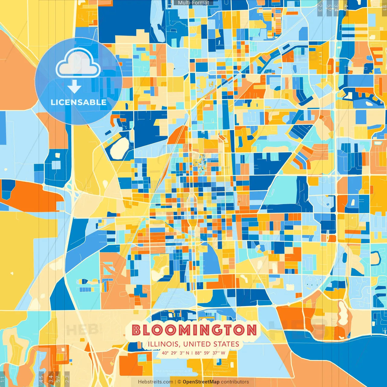 Bloomington, Illinois, United States blue and orange vector art map template