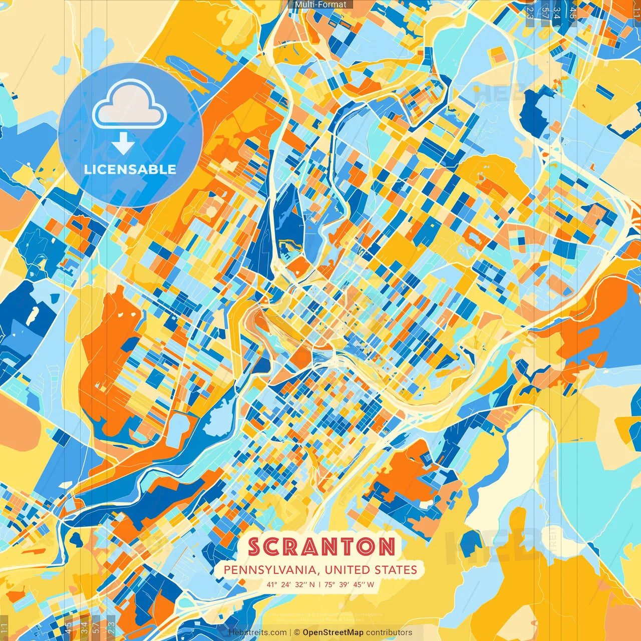 Scranton, Pennsylvania, United States blue and orange vector art map template