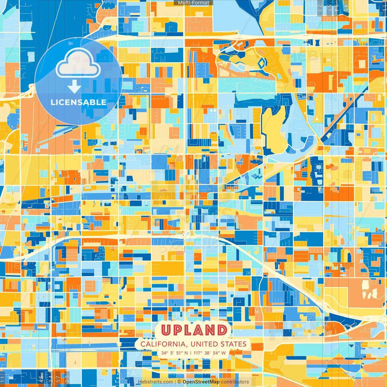 Upland, California, United States blue and orange vector art map template