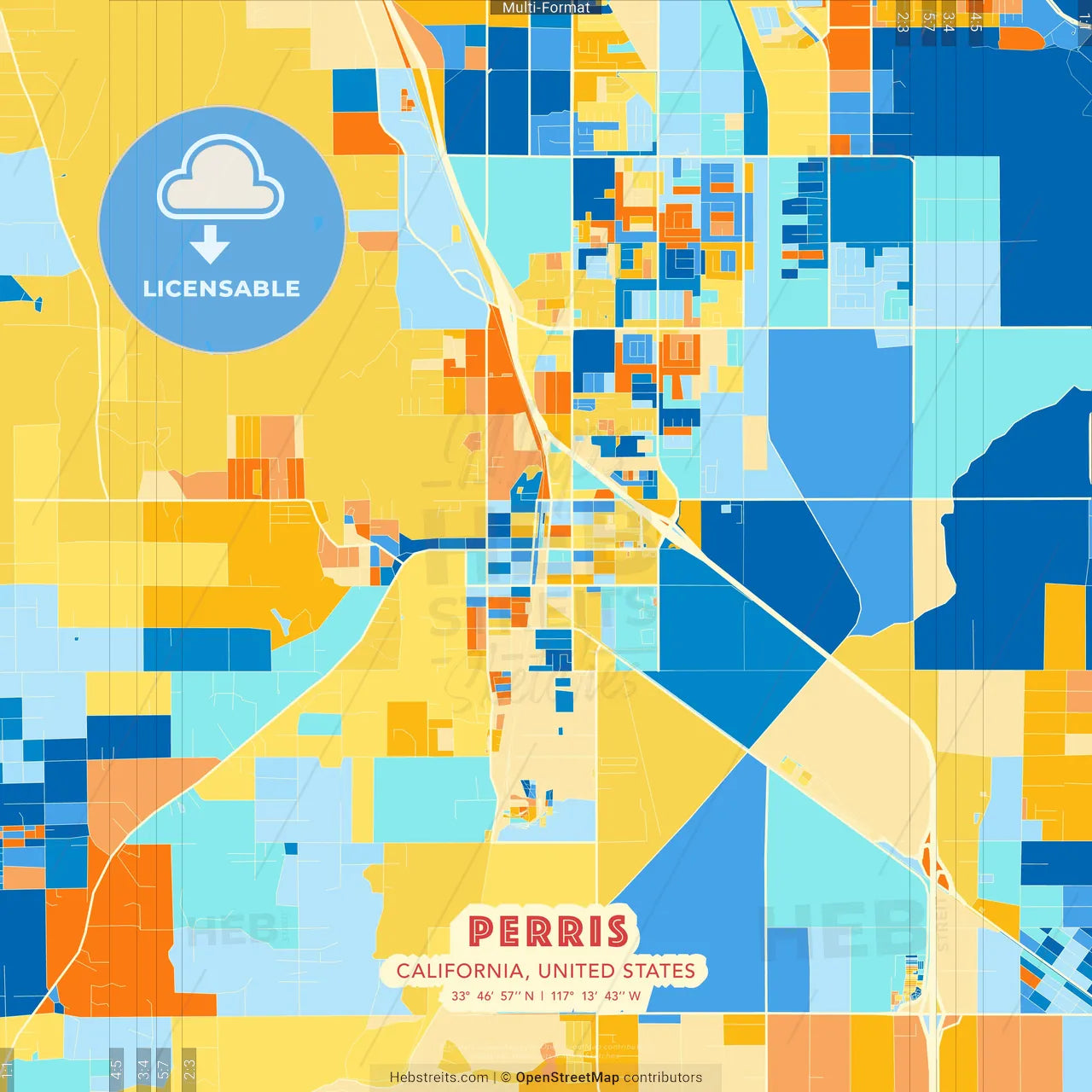 Perris, California, United States blue and orange vector art map template