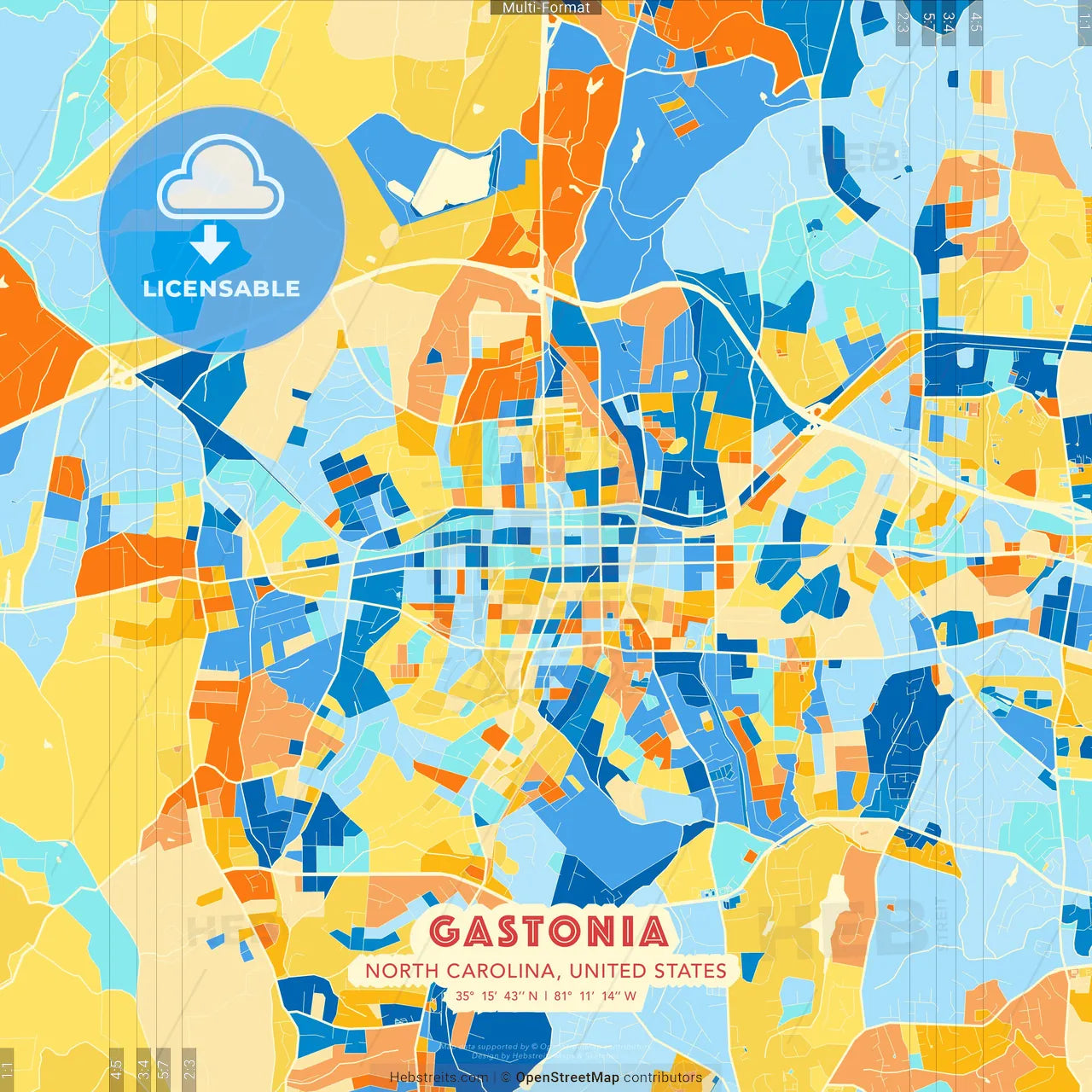 Gastonia, North Carolina, United States blue and orange vector art map template