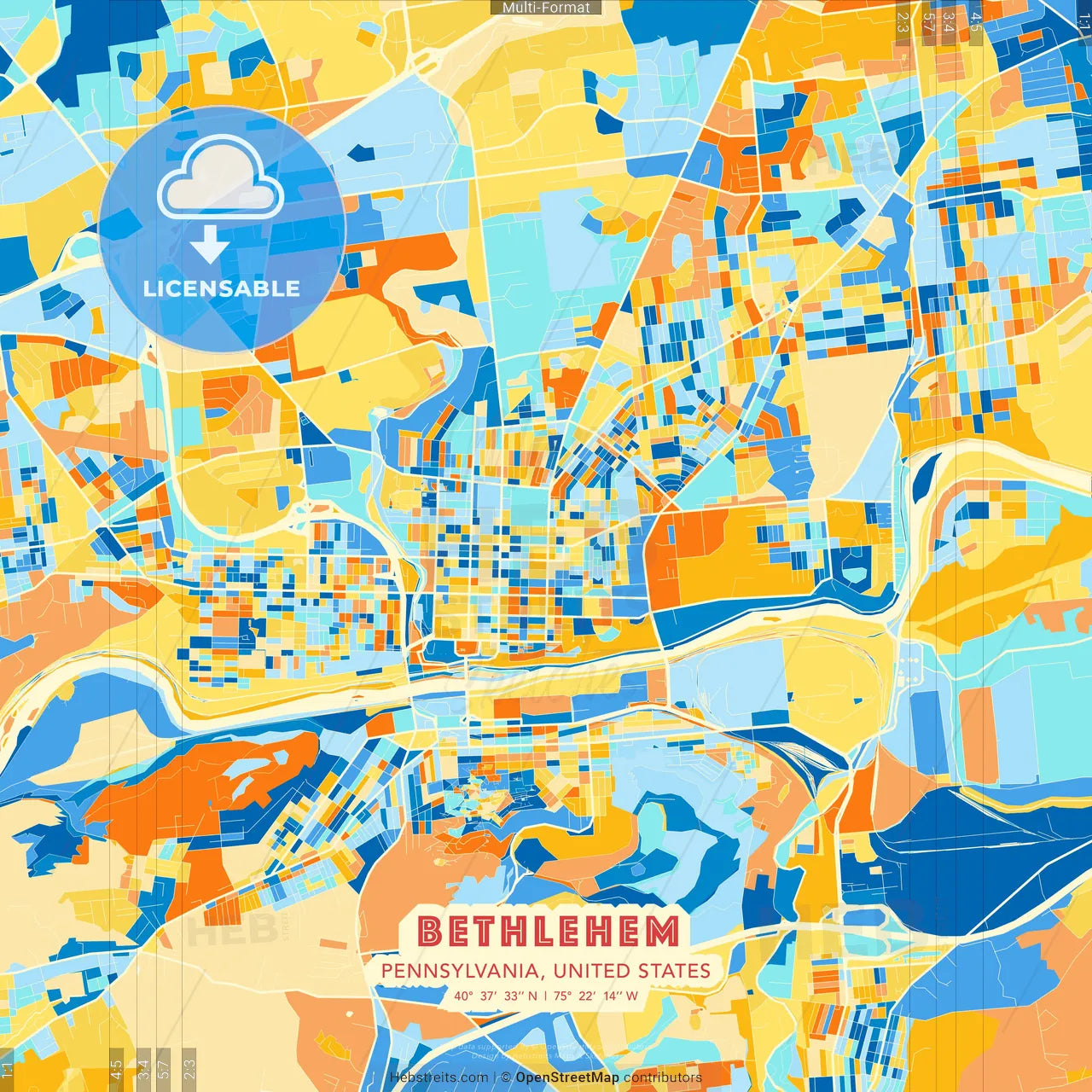 Bethlehem, Pennsylvania, United States blue and orange vector art map template