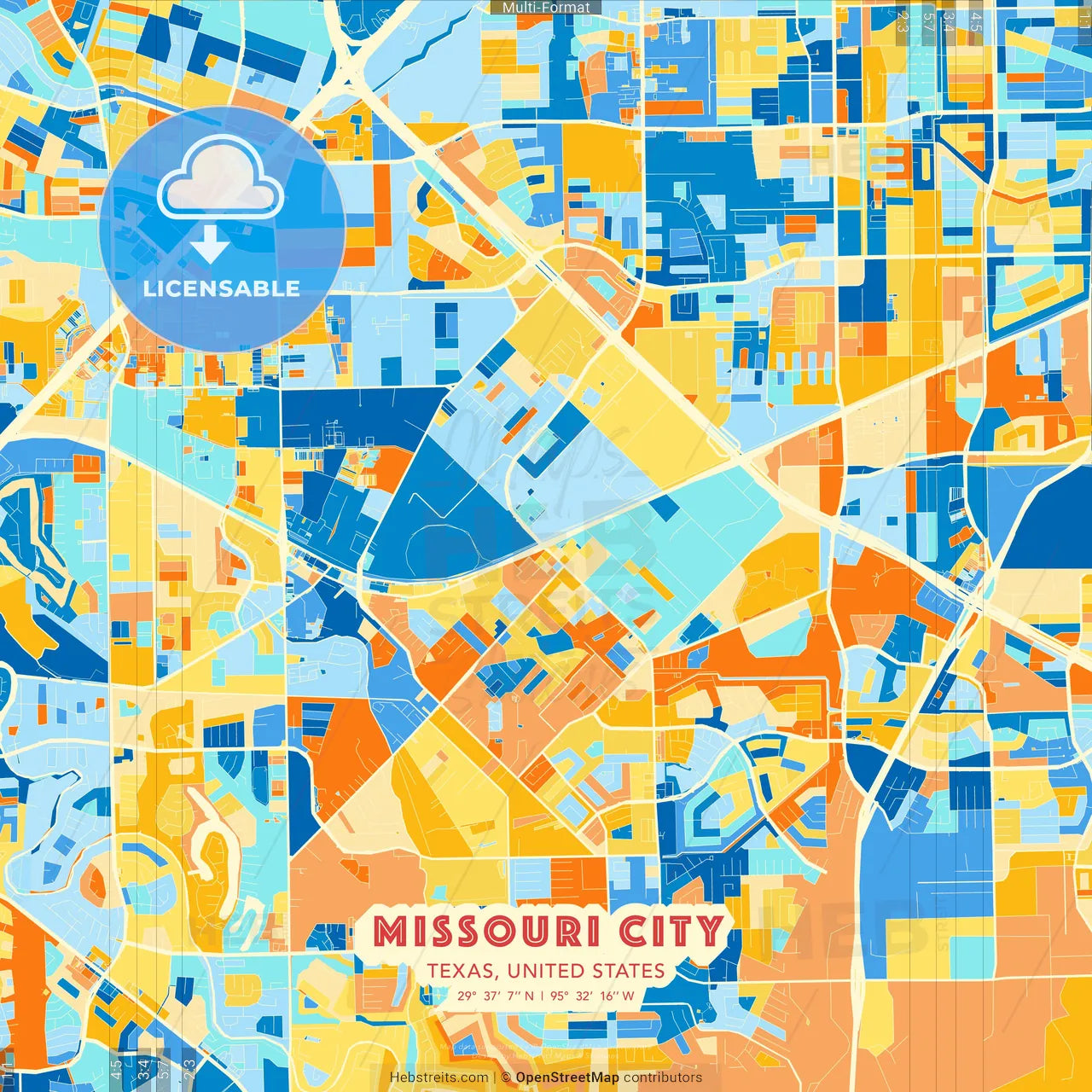 Missouri City, Texas, United States blue and orange vector art map template