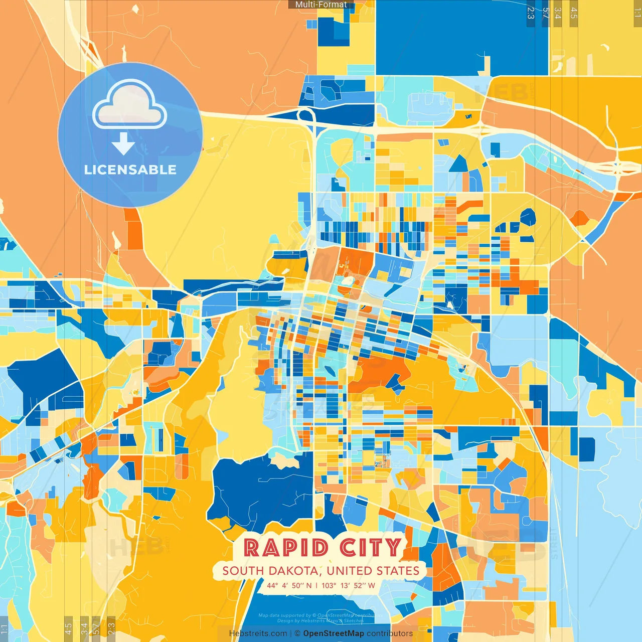 Rapid City, South Dakota, United States blue and orange vector art map template