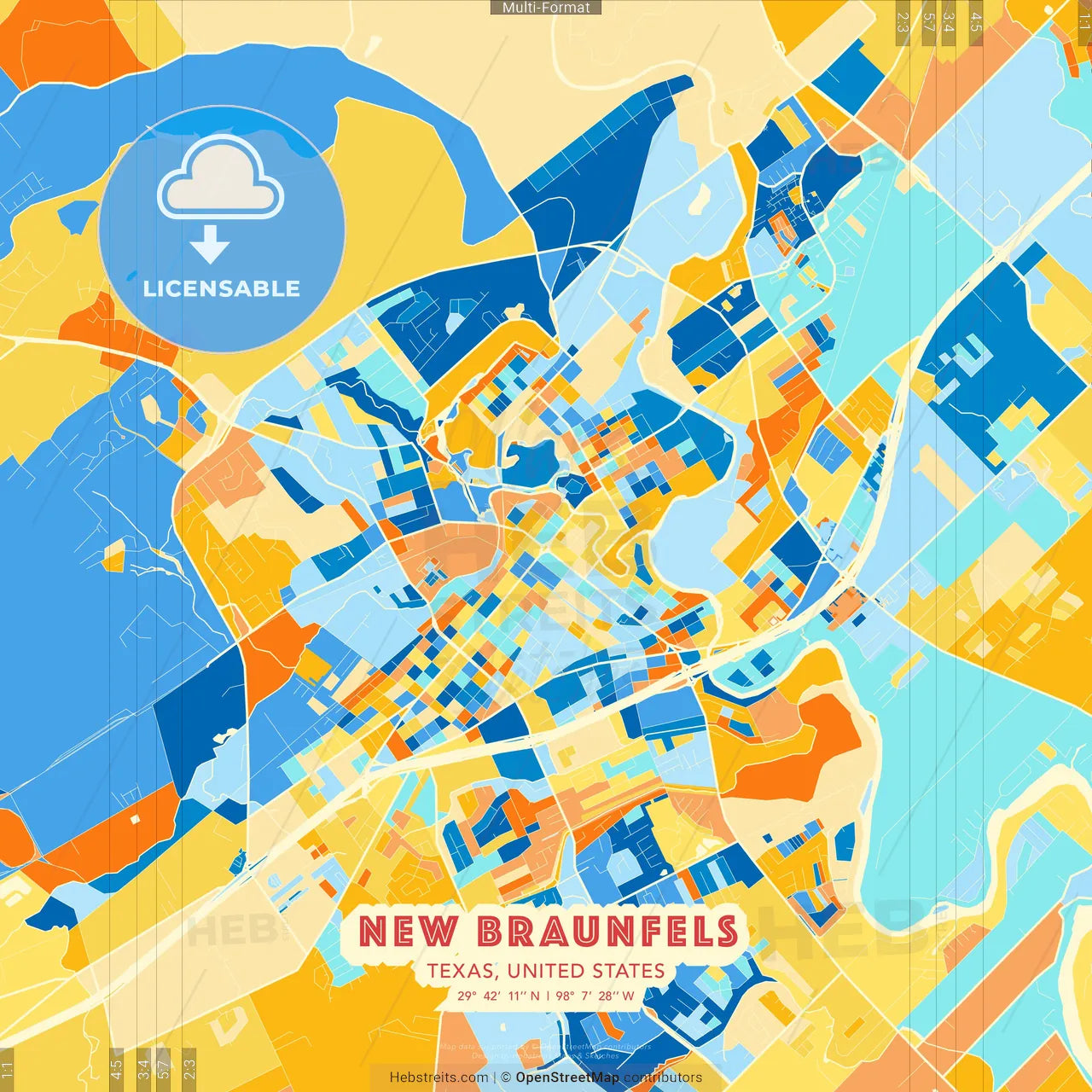 New Braunfels, Texas, United States blue and orange vector art map template