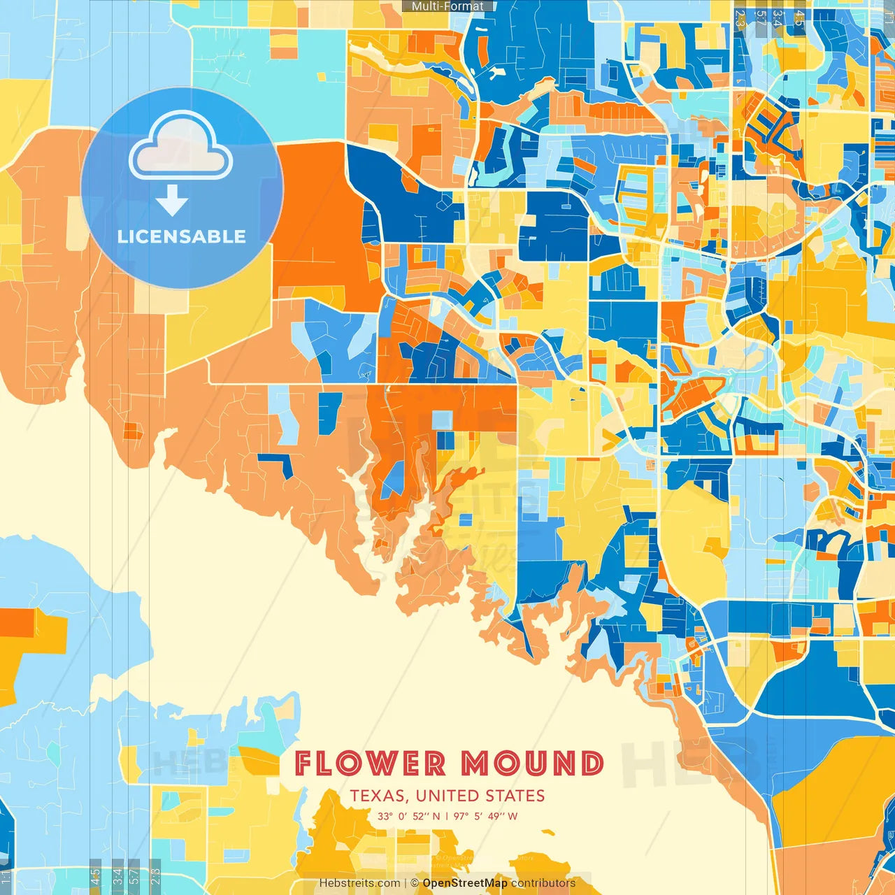 Flower Mound, Texas, United States blue and orange vector art map template