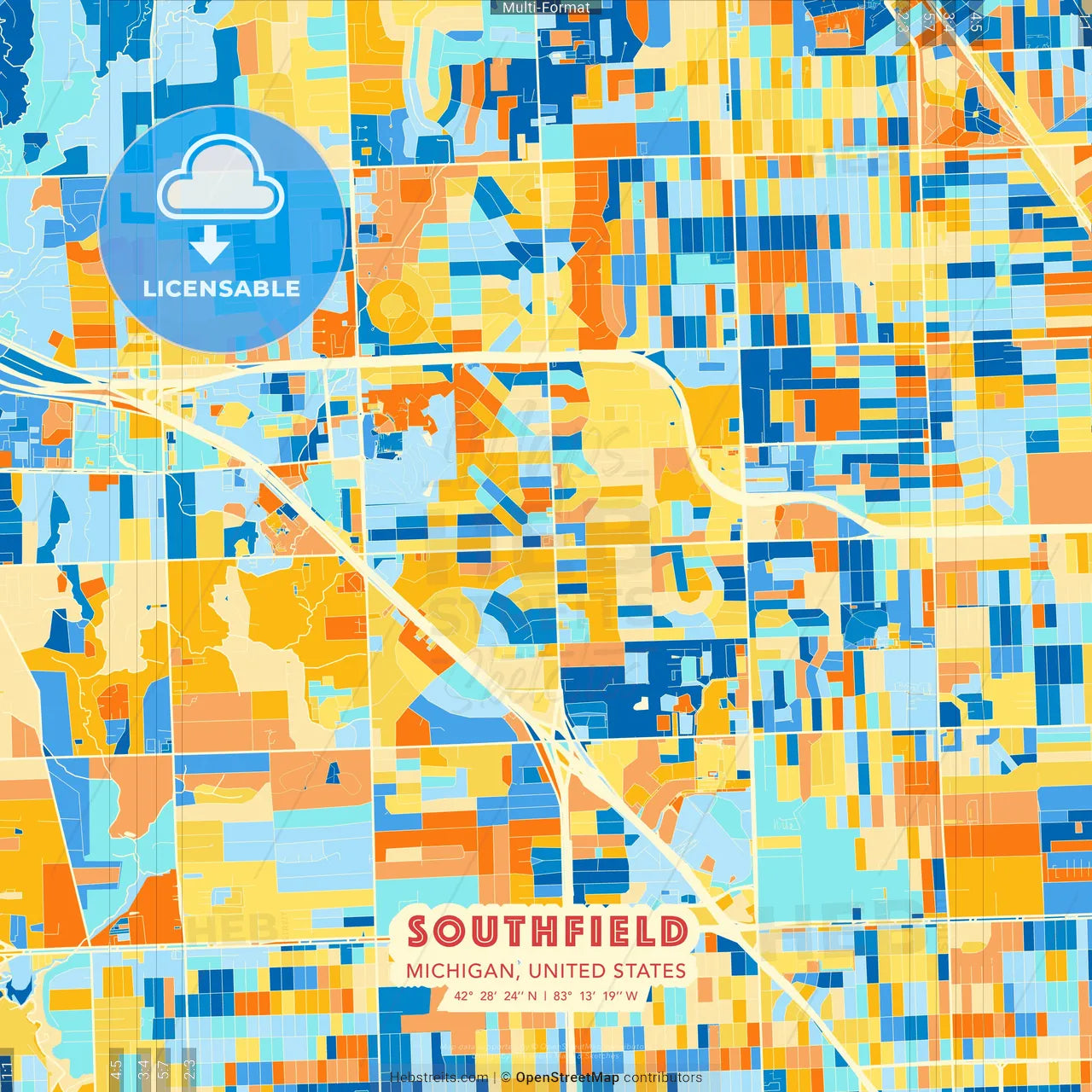 Southfield, Michigan, United States blue and orange vector art map template