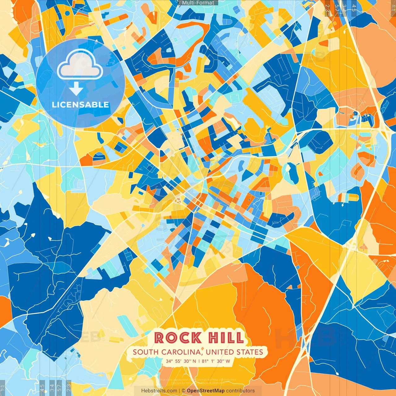 Rock Hill, South Carolina, United States blue and orange vector art map template