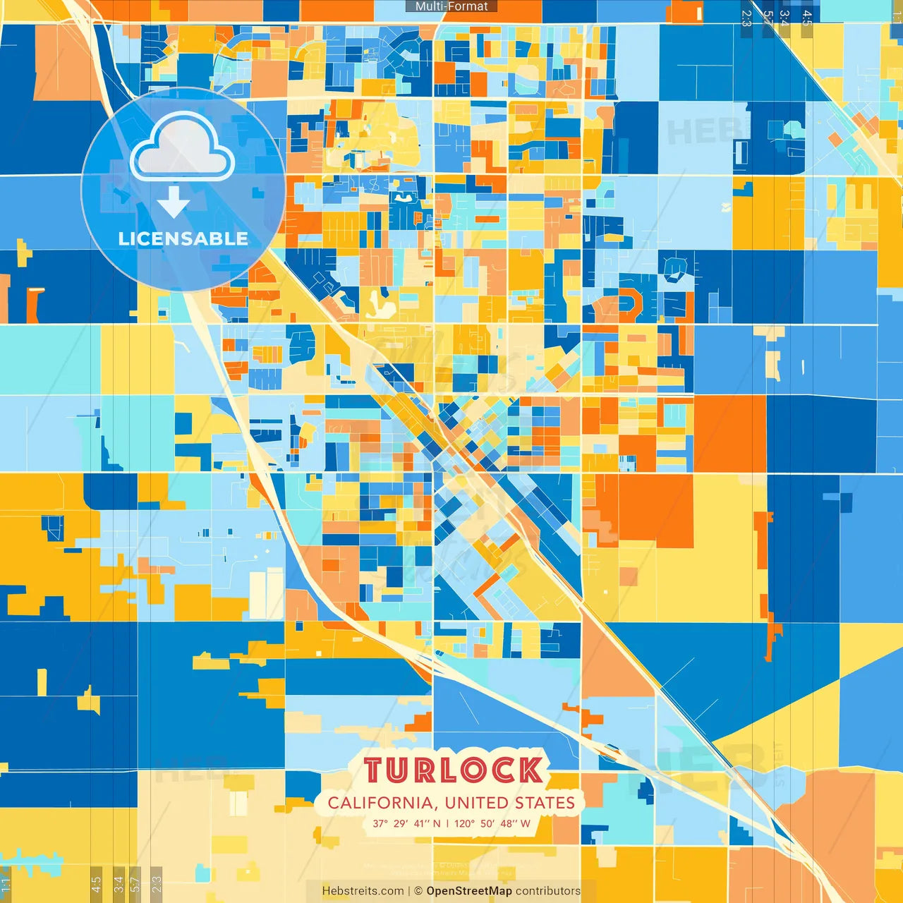 Turlock, California, United States blue and orange vector art map template