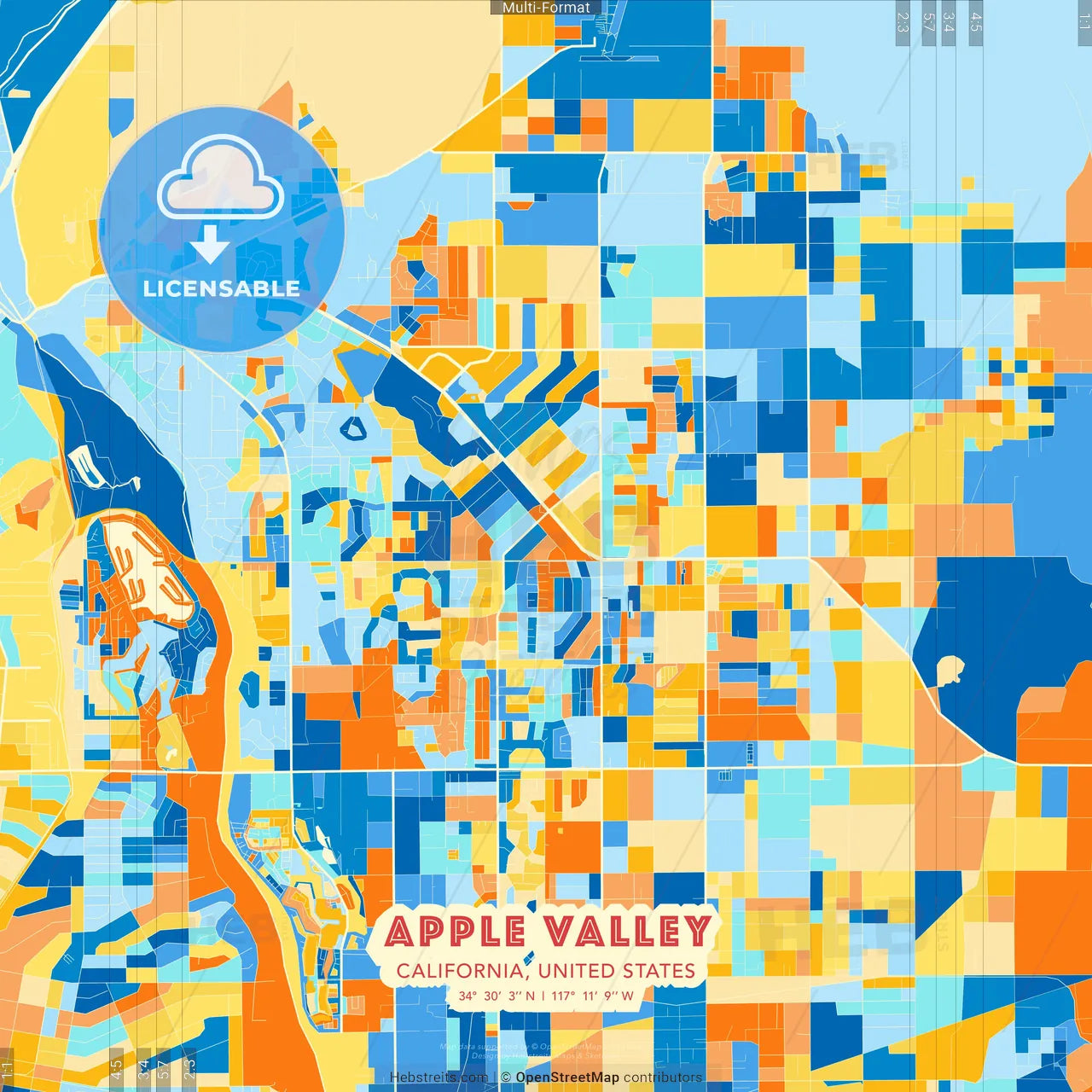 Apple Valley, California, United States blue and orange vector art map template