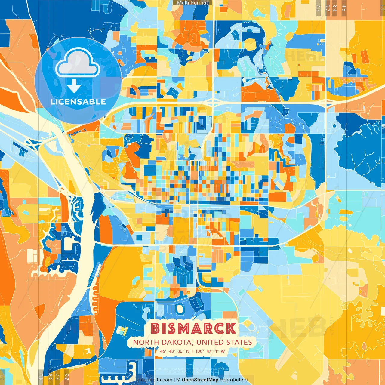 Bismarck, North Dakota, United States blue and orange vector art map template