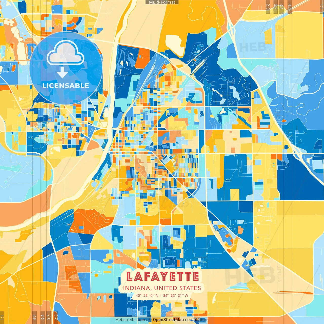 Lafayette, Indiana, United States blue and orange vector art map template