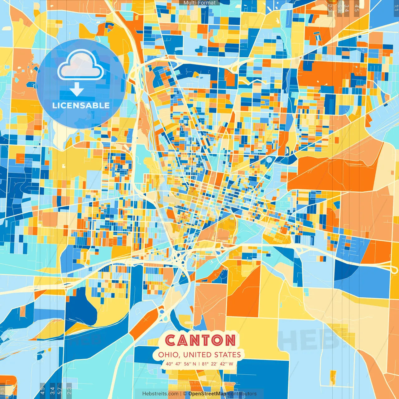 Canton, Ohio, United States blue and orange vector art map template