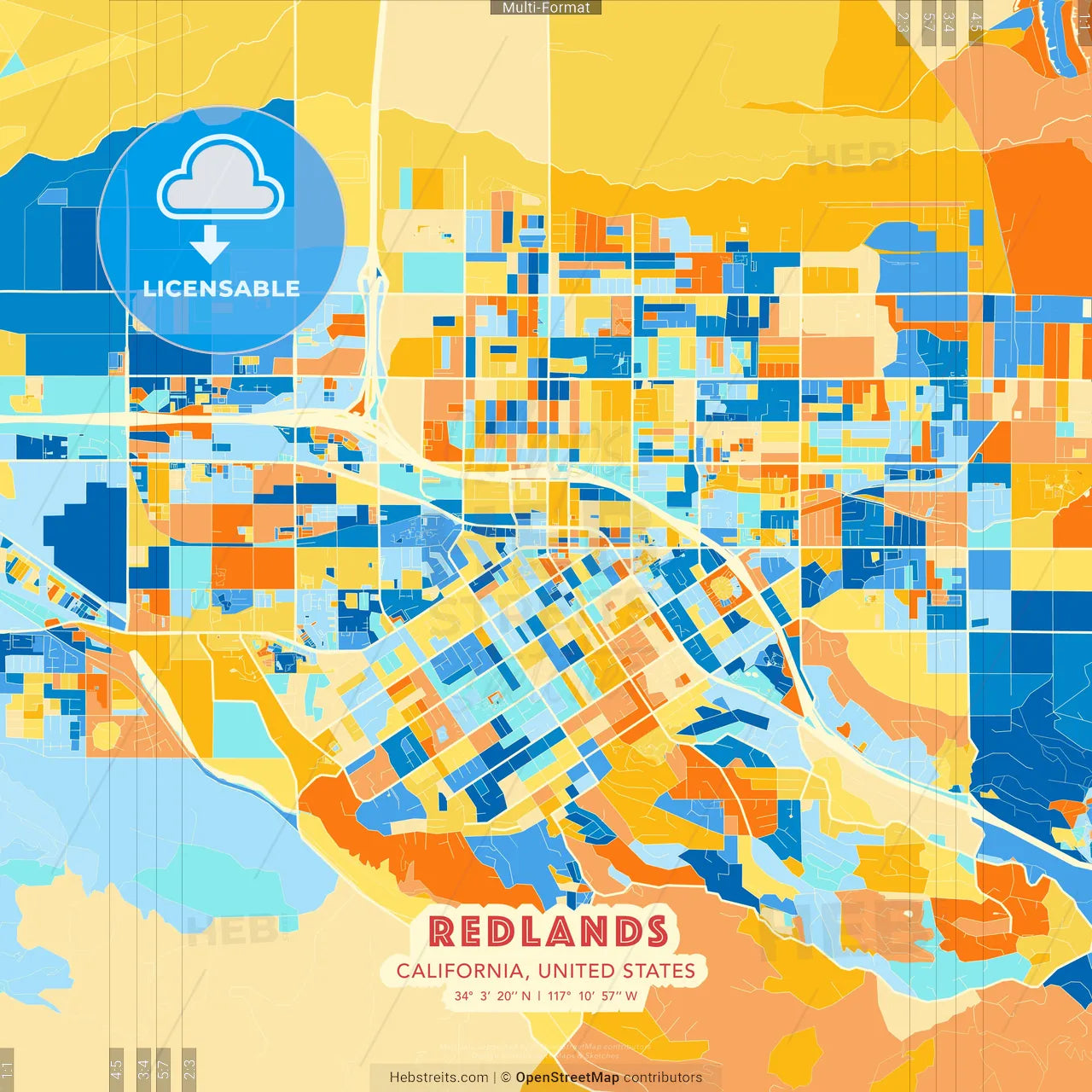 Redlands, California, United States blue and orange vector art map template